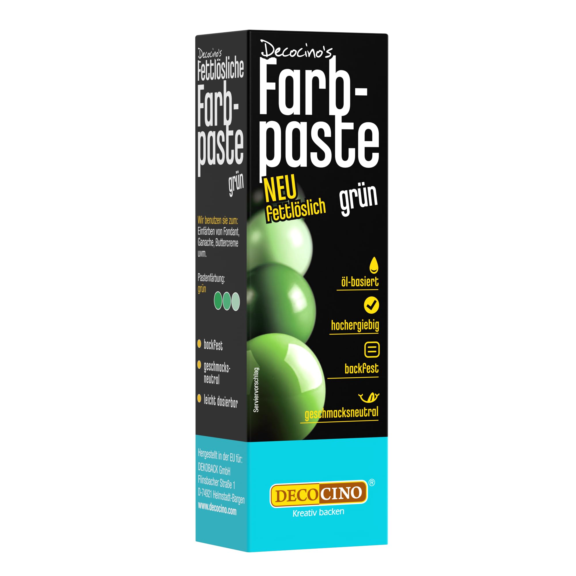 DECOCINO fettlösliche Farbpaste Grün - 15 g - öl-basierte Lebensmittelfarbe, ideal zum Einfärben von Schokolade, Buttercreme, Fondant oder Kuchenteig