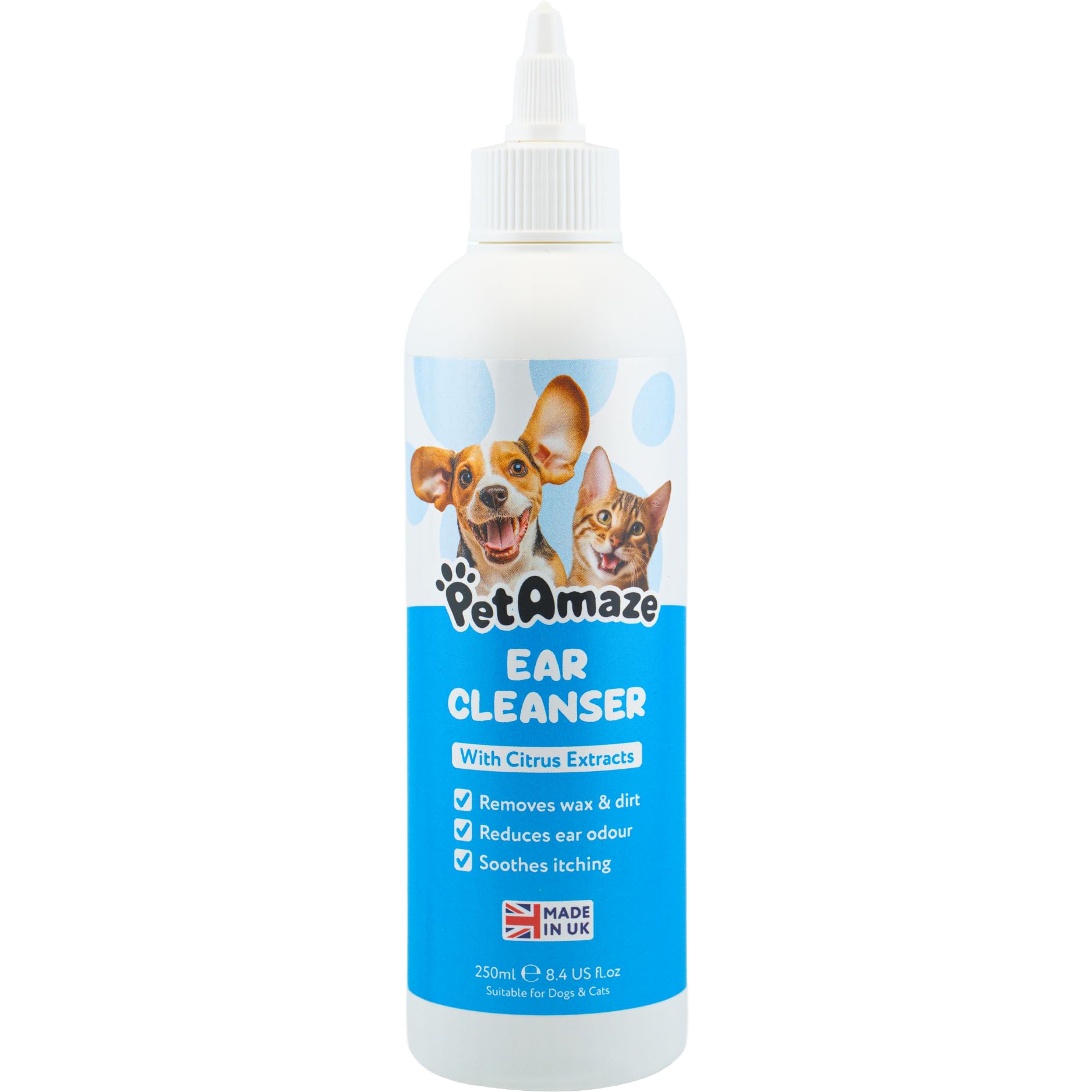 PetAmaze Natural Ear Cleaner for Dogs & Cats, with Citrus Extracts, Cleans, Deodorises & Soothes Itchy Ears, Removes Wax Build Up, Non-Toxic, Alcohol-Free Formula, Made in UK - 250ml