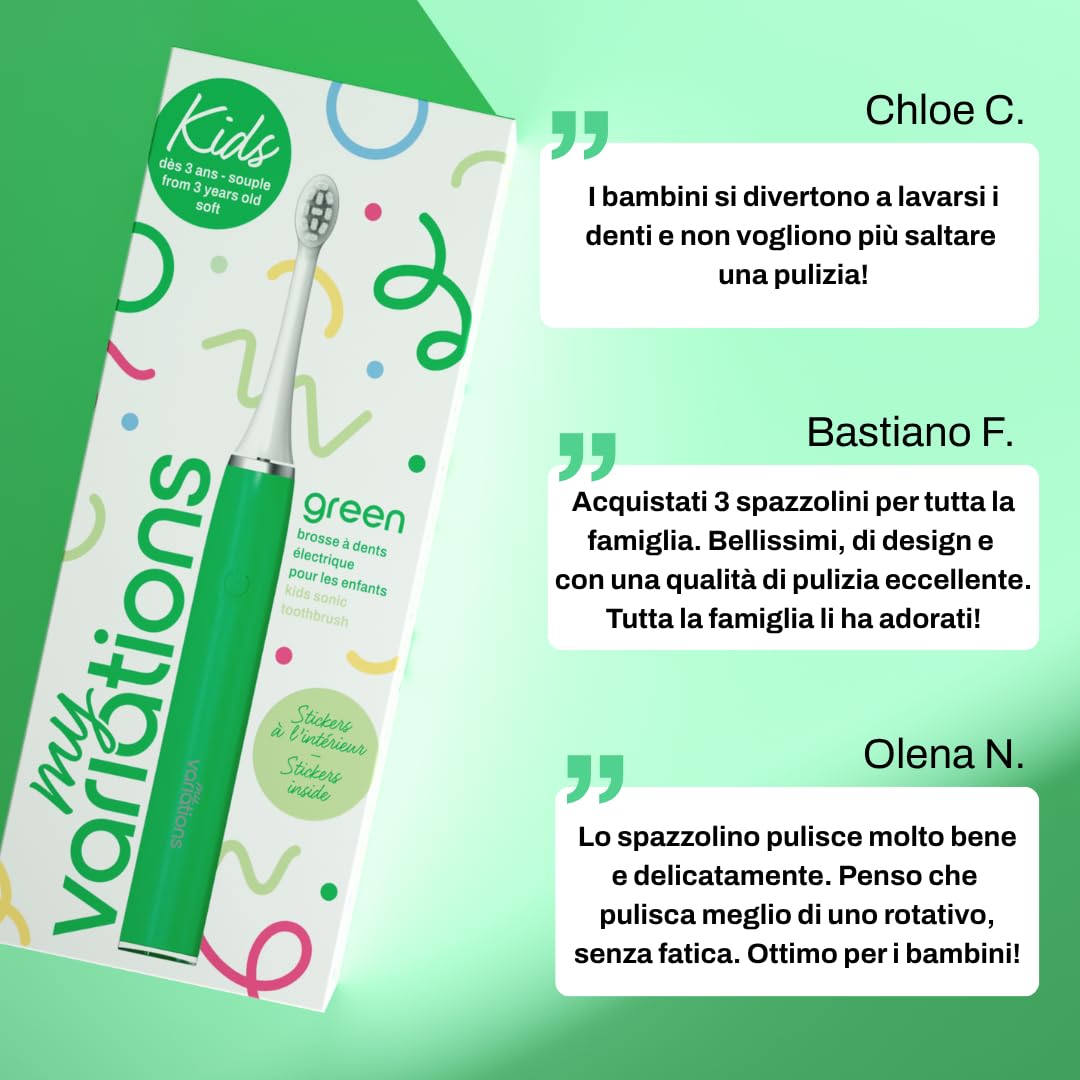 My Variations ® - Spazzolino da denti elettrico per bambini - Tecnologia sonica - 1 mese di autonomia - Ricaricabile - Consigliato dai dentisti - 2 modalità - Timer 2 min integrato - 3-12 anni - Verde