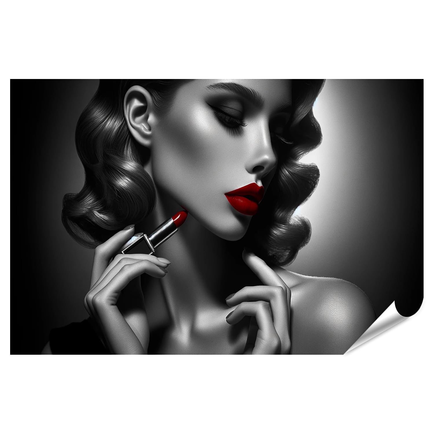 islandburner Poster XXL pour femme avec rouge à lèvres en noir et blanc avec accent rouge, impression photo de qualité supérieure