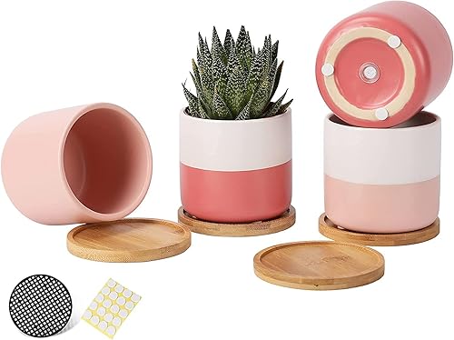 AOMRYOM Macetas de cerámica de 4 pulgadas con agujeros de drenaje y bandejas de bambú, macetas modernas para plantas de interior, suculentas,