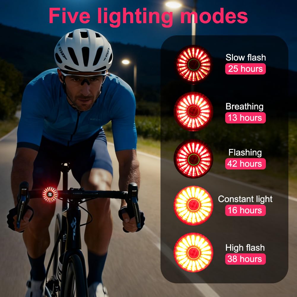 Feu Arrière Vélo Intelligent, Interrupteur Automatique, Détection de Freinage, USB Rechargeable Lampe Arriere Velo, Etanche IP65, 5 Modes pour Vélos, VTT, Trottinettes, Vélos pour Enfants