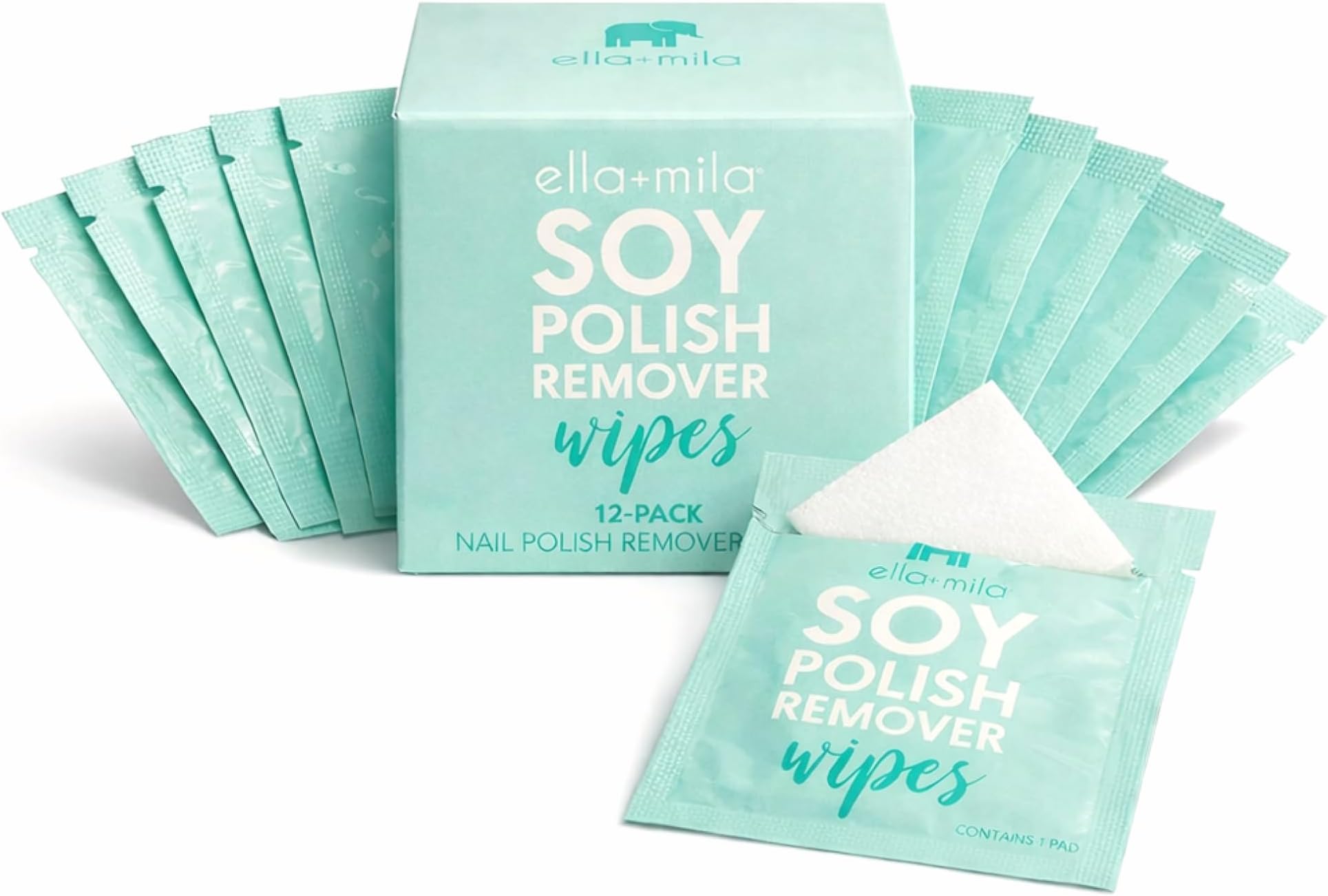 ella+mila Soy Nail Polish Remover Wipes - Non-Acetone, Non-Toxic Fingernail Polish Remover Pads - Travel Size, Individually Wrapped, Lint Free - Enriched with Vitamins (12 Pack)