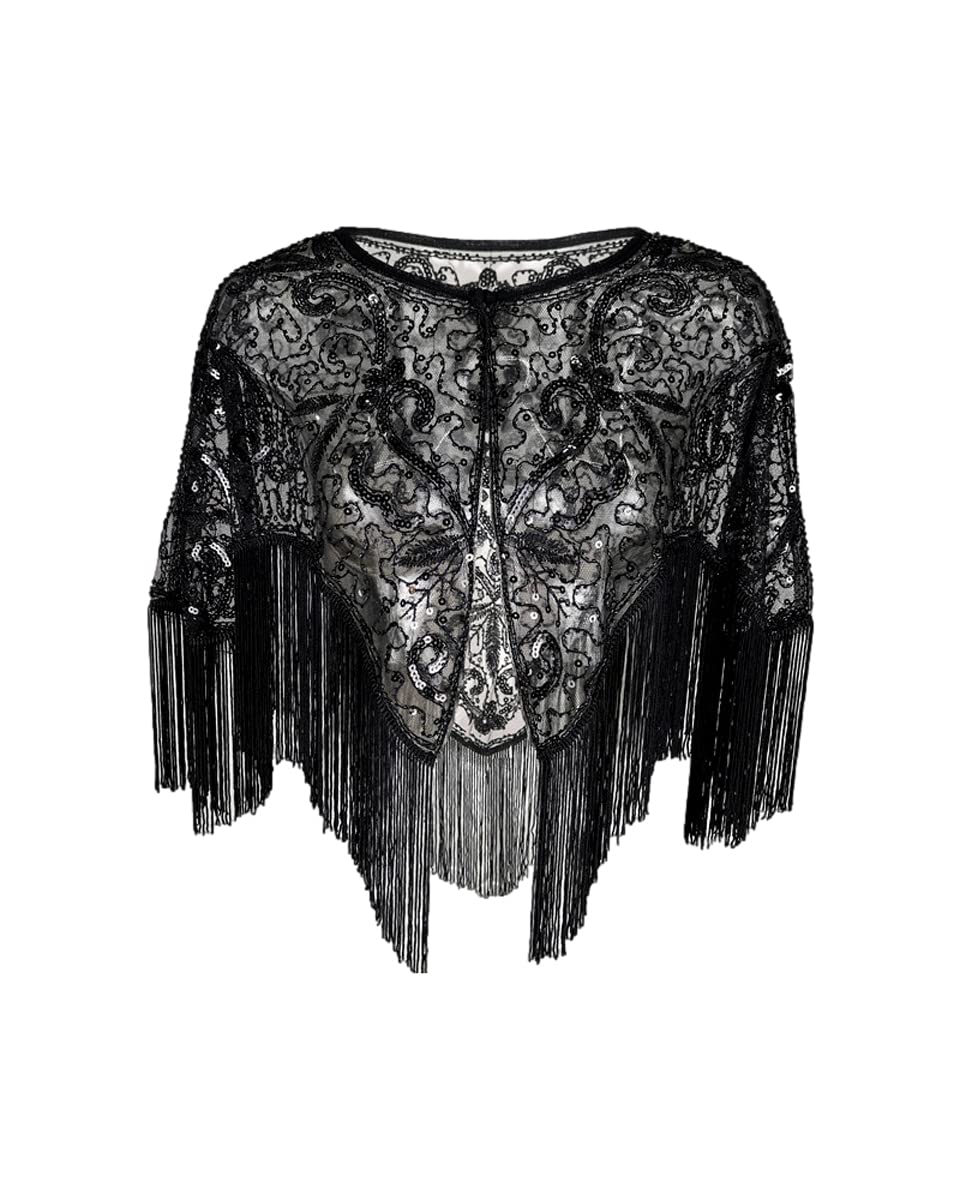Grouptap 1920s Lace shawl gatsby bolero sequin shrug wrap cape for girls women flapper art deco evening costume (One Size) (Black)
