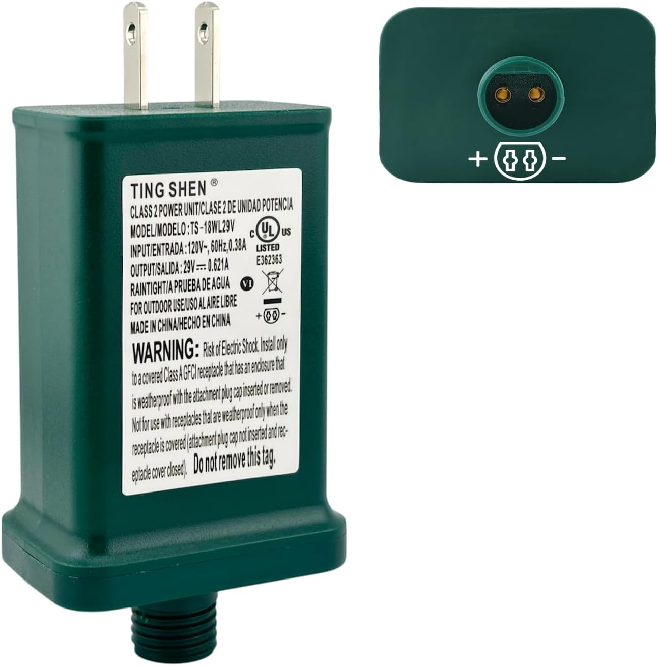 29V 0.621A 18W Power Supply Class 2 Transformer Raintight IP44 US Plug Connector 1/2in 12mm Adapter for LED String Seasonal-Use Light, Holiday Lighting, Christmas X-Mas Tree TS-18WL29V(Right Positive)