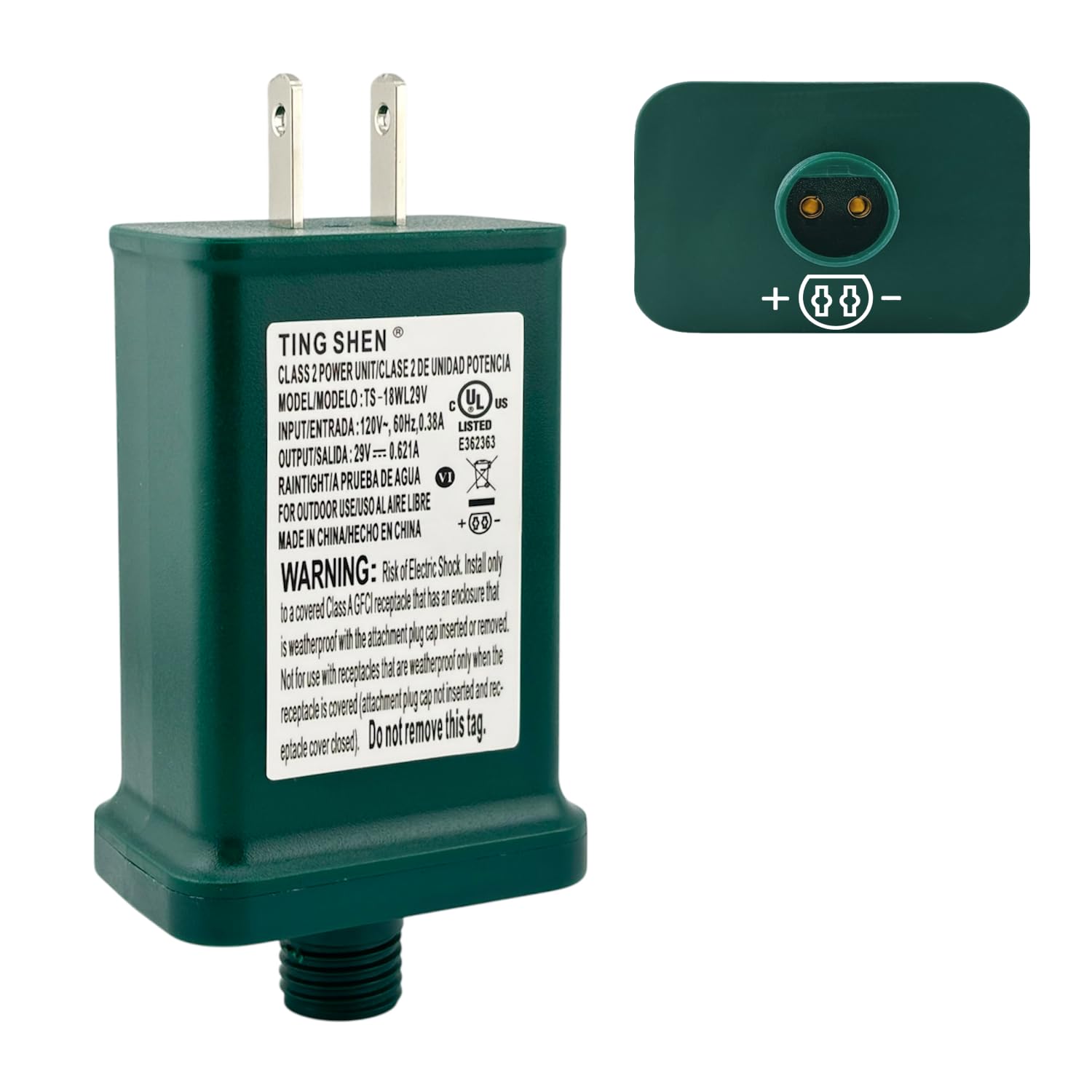 Power Supply TS-18WL29V LED Transformer 29V 0.621A 18W Raintight IP44 US Plug Connector 1/2in 12mm Adapter for LED String Seasonal-Use Light, Holiday Lighting, Christmas X-Mas Tree (Left Positive)
