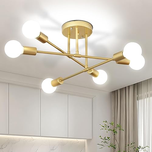 SPOLI Lámpara de techo moderna de montaje empotrado, lámpara de techo LED de 6 luces doradas, lámpara de techo para sala de estar, comedor,