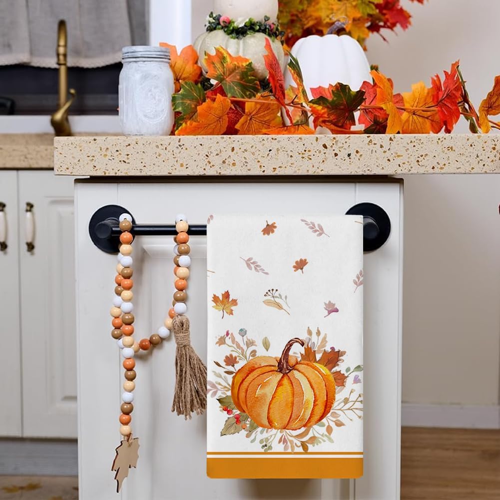 RABUSOFA Orange Leaves Pumpkin Fall Kitchen Towels Dish Towels, 18x26 Inch FarmhouseThanksgiving Decoration Hand Towels Set of 2