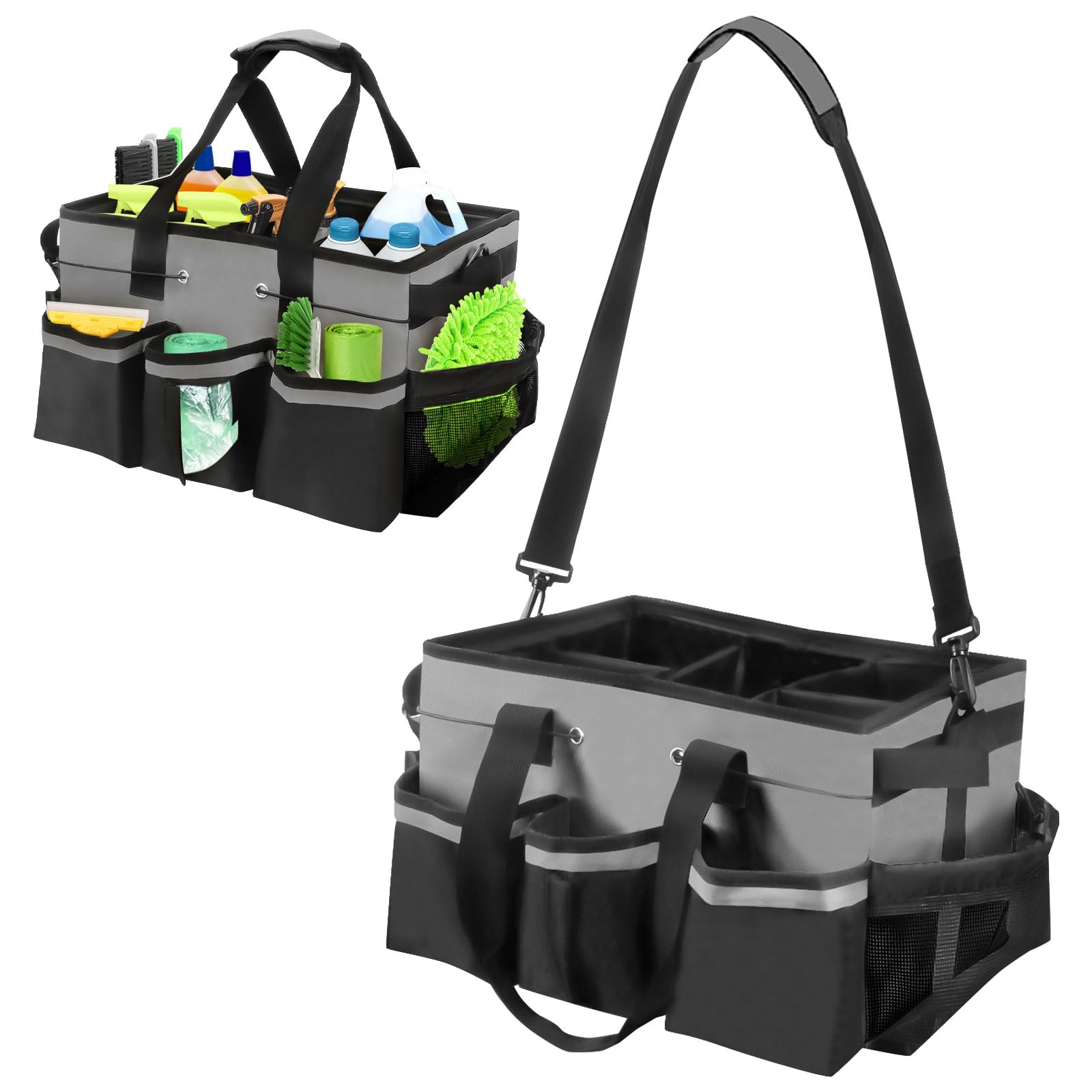 Yallmie Cleaning Caddy Bag with Handle, Cleaning Products Organiser Adjustable Gardening Tool Storage Bag, Caddy Organiser Large Multi Pocket Bucket Tool Bag for Home, Car, Garden, Craft (Grey) — image 1