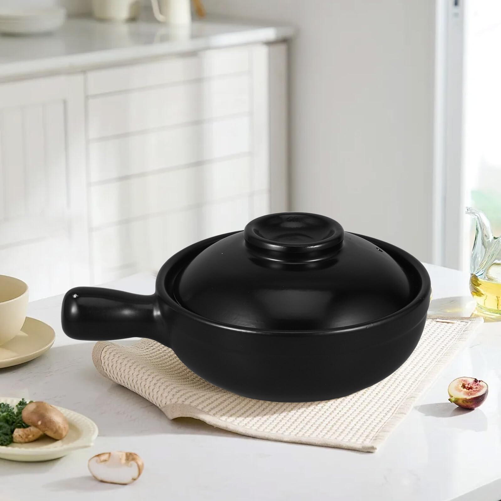 Olla de Barro Tradicional China de 900ml con Tapa, Cerámica | Negra, para Arroz y Gachas, Uso en Cocina y Microondas, Estilo Clásico