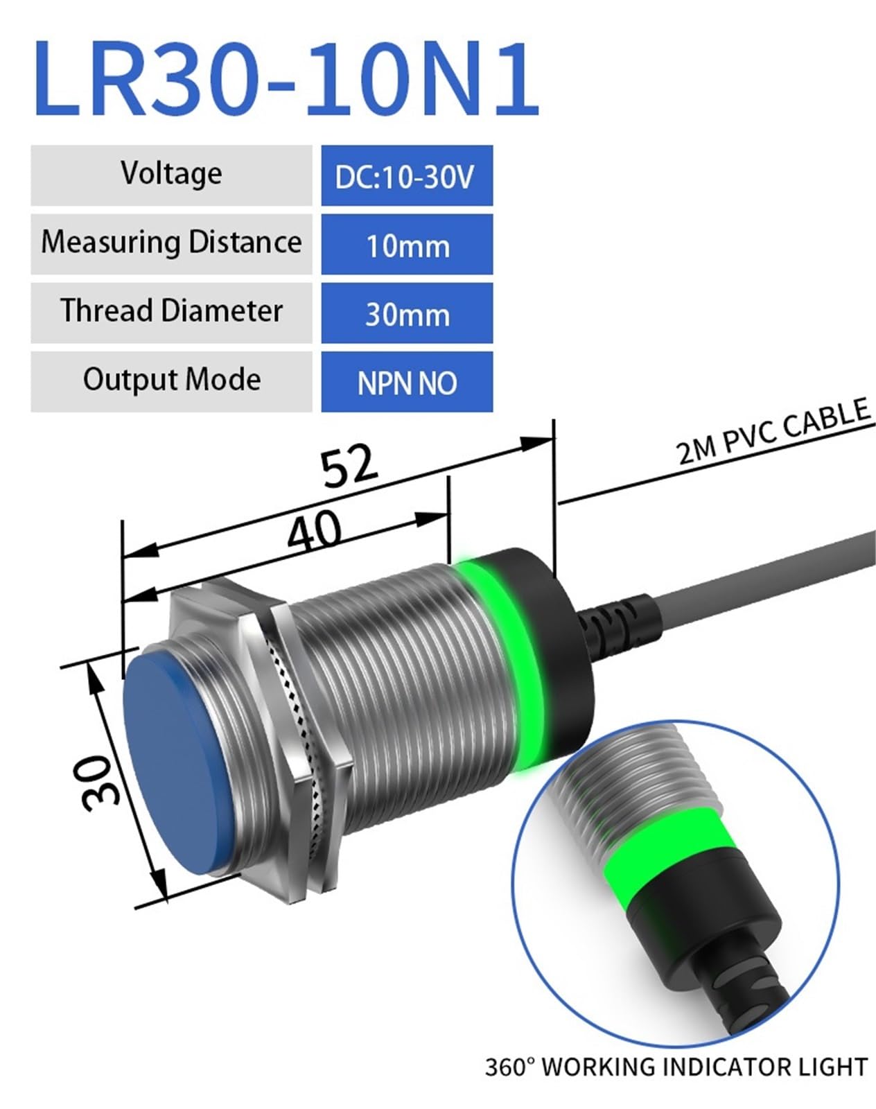 1 szt. Indukcyjny przełącznik zbliżeniowy serii M30 czujnik wykrywający odległość 10 mm spłukiwanie DC 6-36 V NPN PNP z kablem 2 m (DC 3-przewodowy NPN NO)