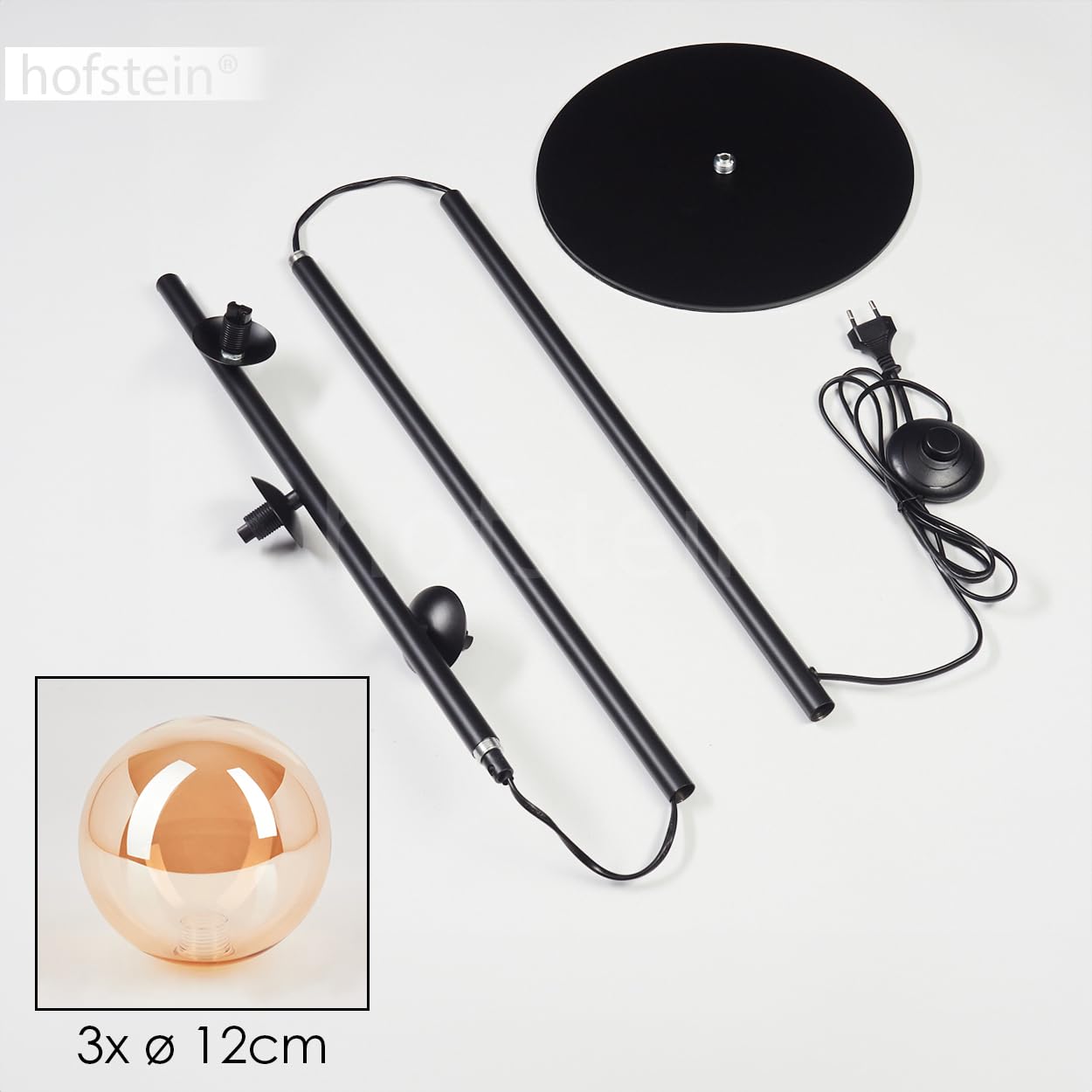 Stehleuchte Remaisnil, moderne Stehlampe aus Metall/Glas in Schwarz/Bernsteinfarben, Standleuchte mit Schirmen aus Glas (Ø 12 cm), mit Fußschalter am Kabel, 3 x G9, ohne Leuchtmittel