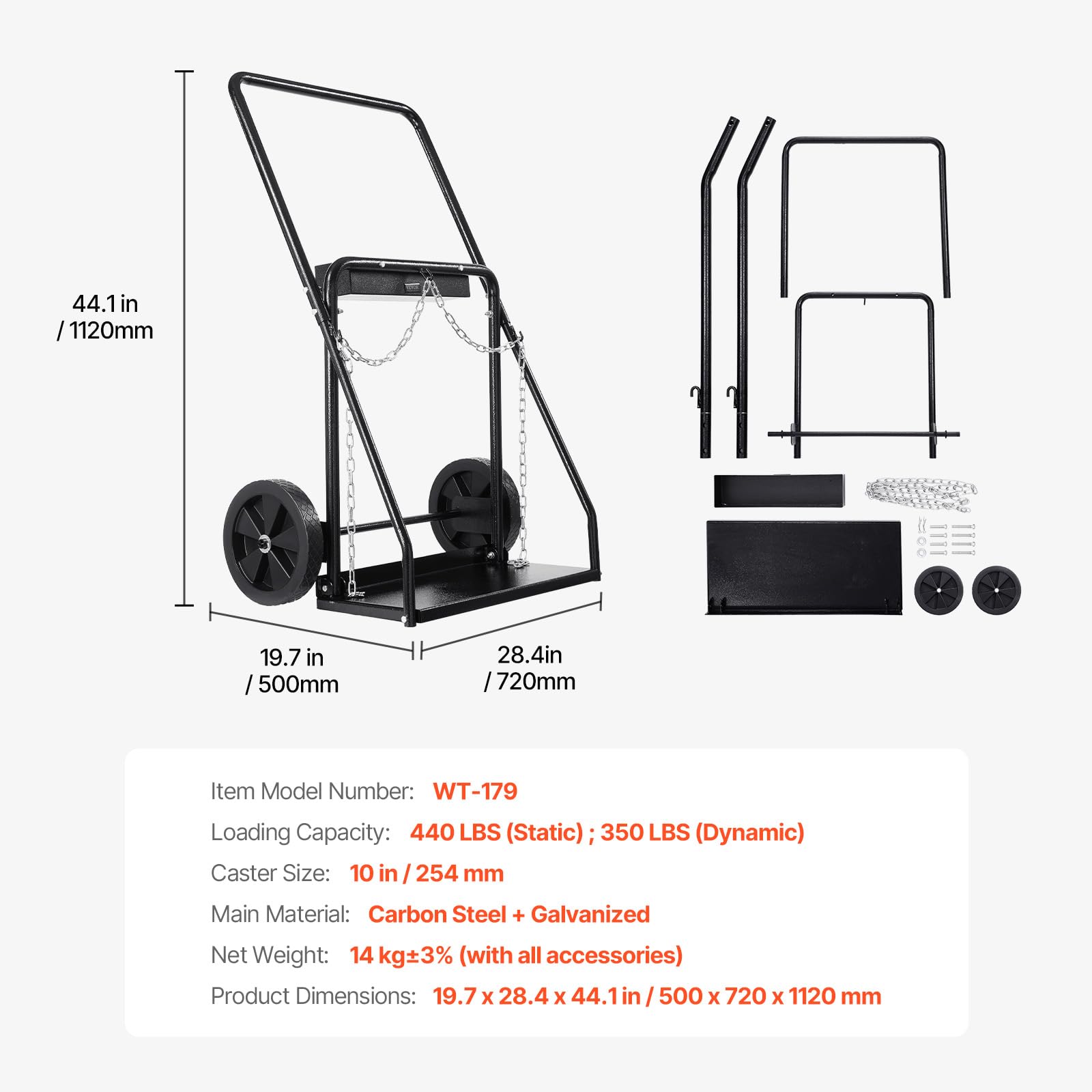 VEVOR Carro para Dos Cilindros de Soldadura, Carro para Tanque de Oxígeno y Acetileno, Ruedas Sólidas de 254 mm y Cadenas de Seguridad para Almacenamiento de Tanques, 500 x 720 x 1120 mm, Negro