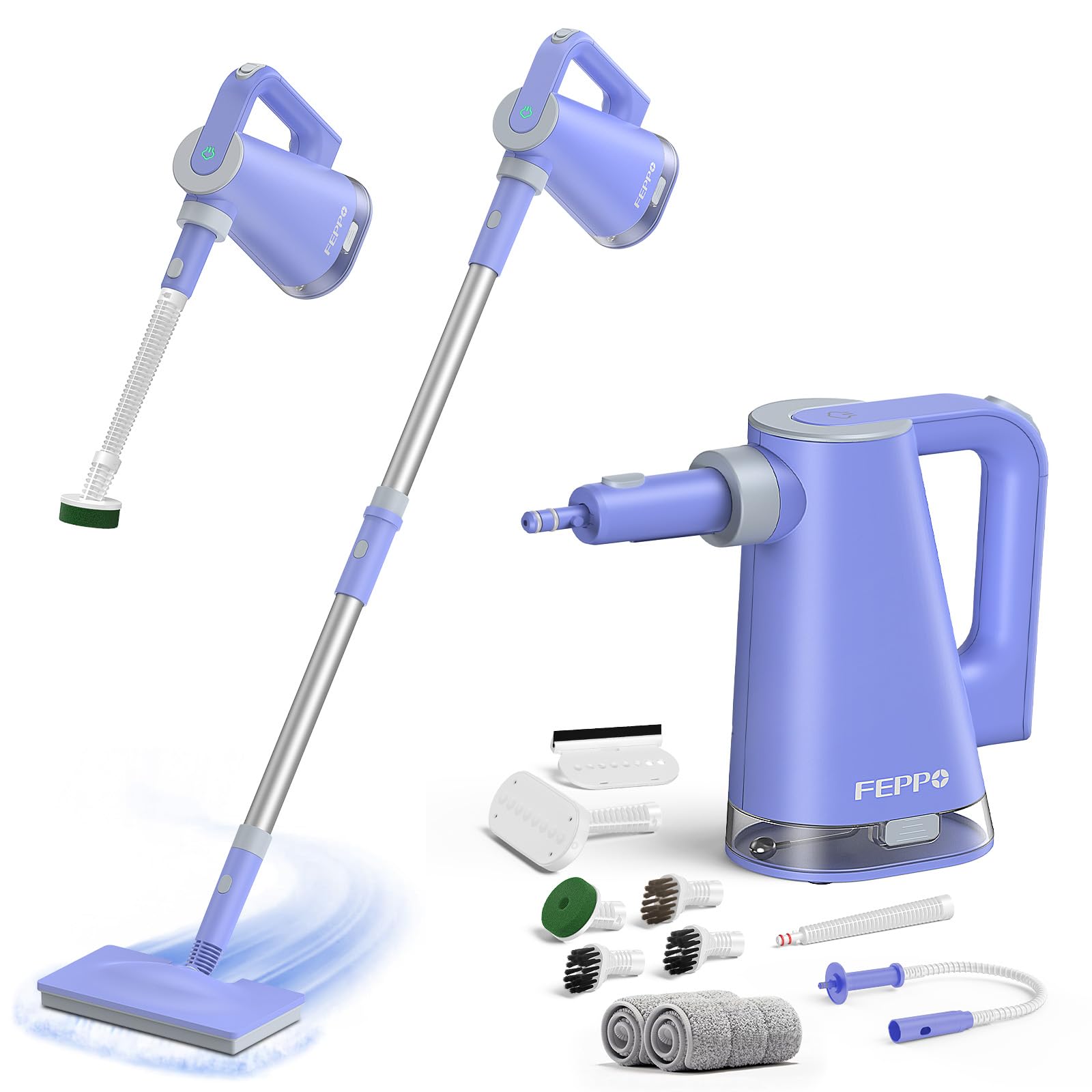 FEPPO Pulitore a vapore con vaporizzatore portatile rimovibile per la pulizia del pavimento, include accessori multiuso e cuscinetti in microfibra lavabili