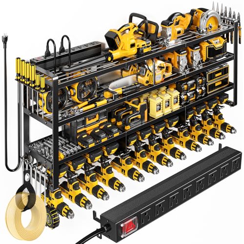49.5″ W Large Power Tool Organizer Wall Mount with Charging Station, 4-Tier Heavy Duty12 Cordless Drills Holder Load 600 lb, Tool Battery Storage Rack Built in 8 Outlet Power Strip for Garage