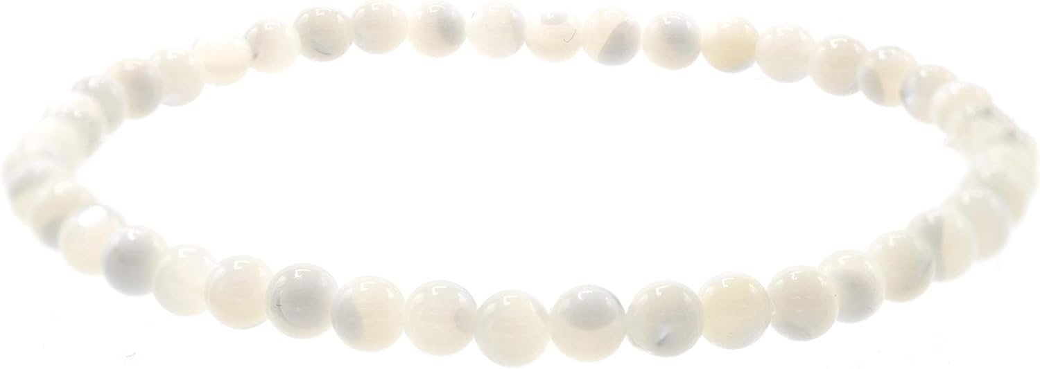 [Set of 1, 3 or 5] 4mm Smooth White Mother of Pearl (Shell) Stretch Bracelets, 7" only