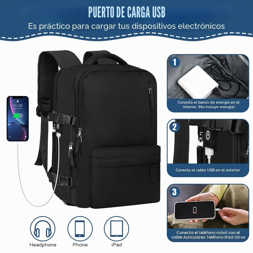 flintronic Mochila de Viaje Cabina Avion, 43x30x20 cm, Bolsa de Viaje Equipaje de Mano 35L, Mochila Unisex Impermeable con Puerto USB y Compartimento para Zapatos, para Portátil de 15,6 Pulgadas