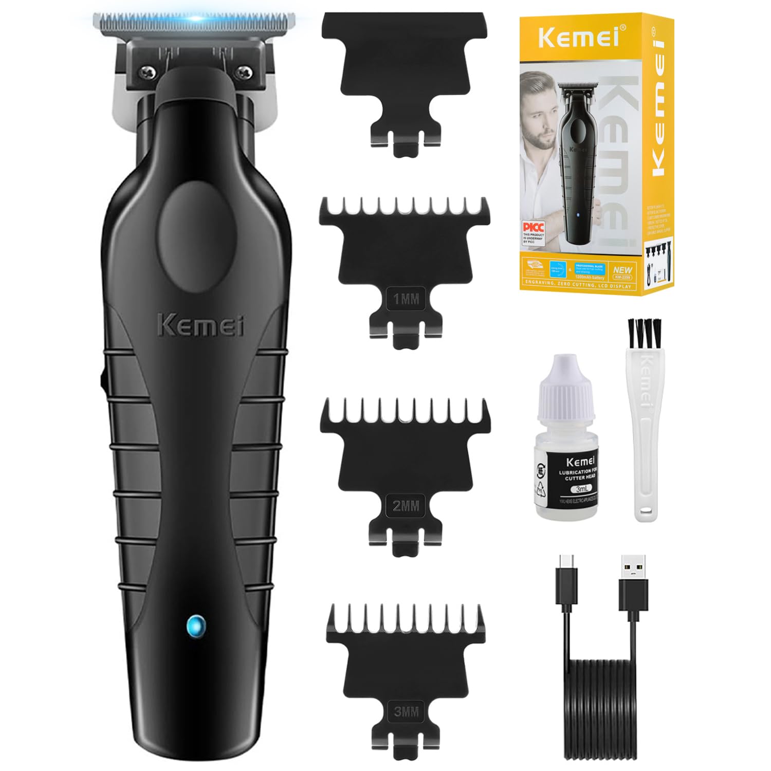 KEMEI 2299 Professionnelle Sans Fil Tondeuse Cheveux Hommes, Tondeuse Barbe Homme électrique, Tondeuse à Lame en T Zéro écartement Pour Homme