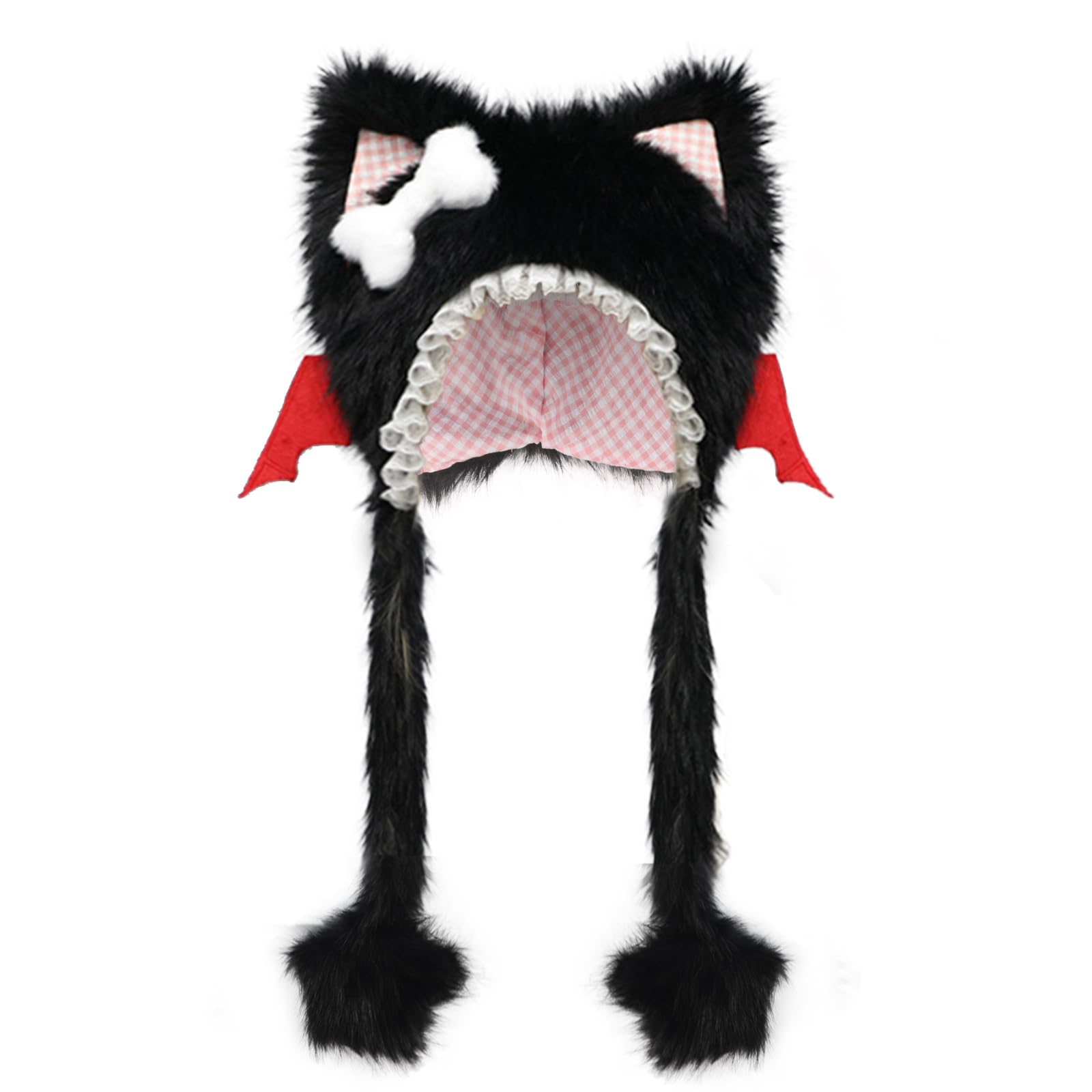 Faux Fur Hood Hat with Cute Cat Ear Lace Trim Winter Warm Plush Cap Lolita Headwear Cosplay Costume Party Accessories Photo Props (Black)