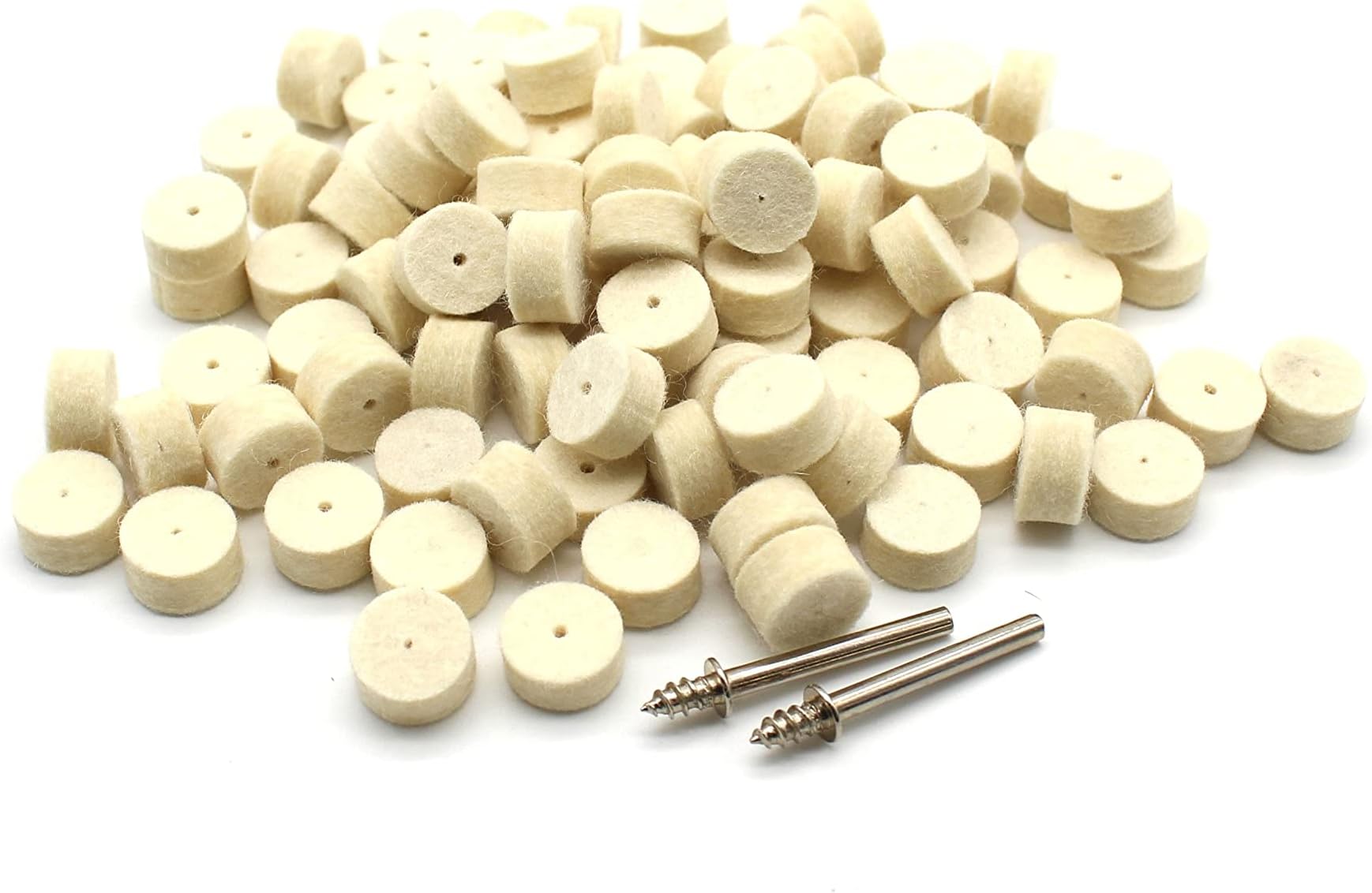 TEMO 100 pc Felt Polishing Wool Bob Burr Abrasive Buffing Pads 1/2 Inch Diameter 1/4 Inch Height Wheels #414 with 2 Screw Mandrel 401 1/8 Inch Shank for Dremel Rotary Tools