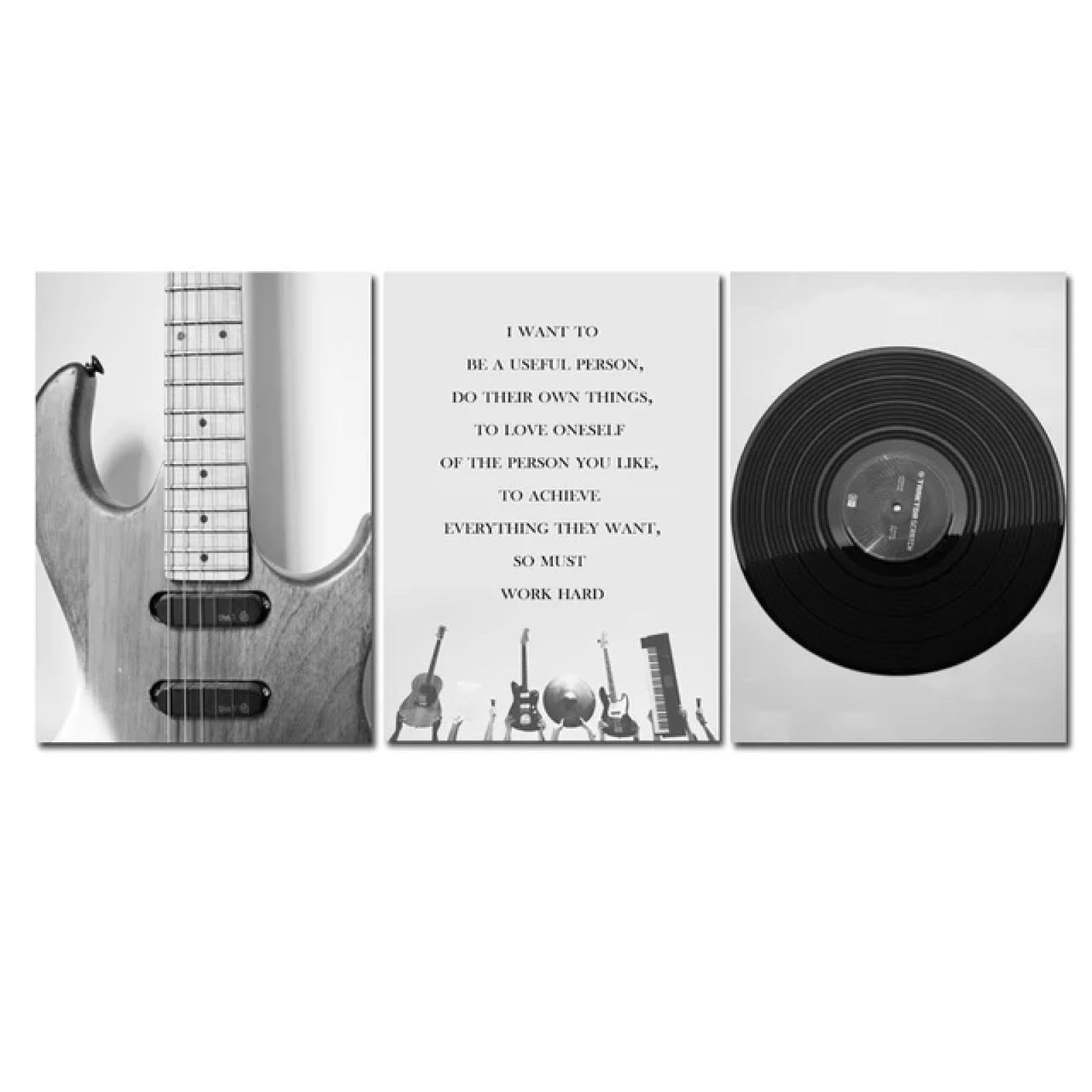 CHAOJIART Retro czarno-biała gitara i płyta CD top muzyka obraz płótno malarstwo plakaty wydruki nordycki wystrój domu sztuka ścienna do salonu 70 x 100 cm (71 x 99 cm) x 3 bez ramy