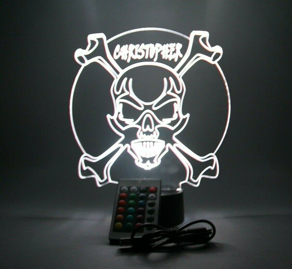 MIRROR MANIA Skull Head Skeleton Bones Crossbones Night Light Up Desk Table Lamp LED Personalized Name Engraved Home Room Decor, 16 Colors Changing Options, Free Engraved Gift, Made in America