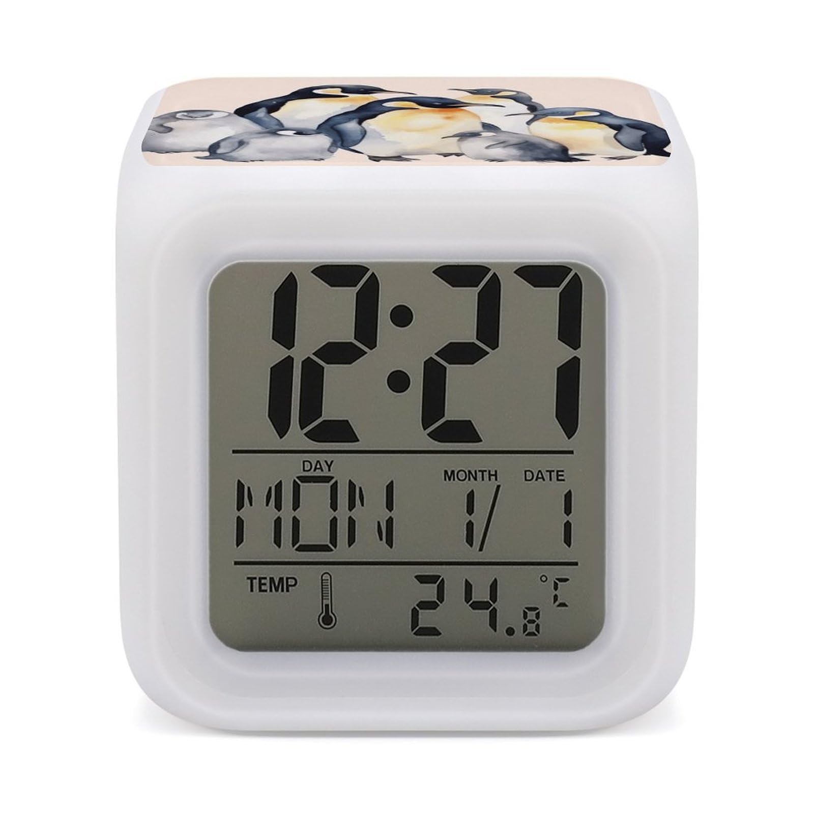 VstaDank Animal Penguins Watercolor Pattern Alarm Clock with 7 Color Changing Night Light Date Temp Display Wake Clocks LED Display Digital Clock Electric Desk Clocks for Living Office Bedroom Decor