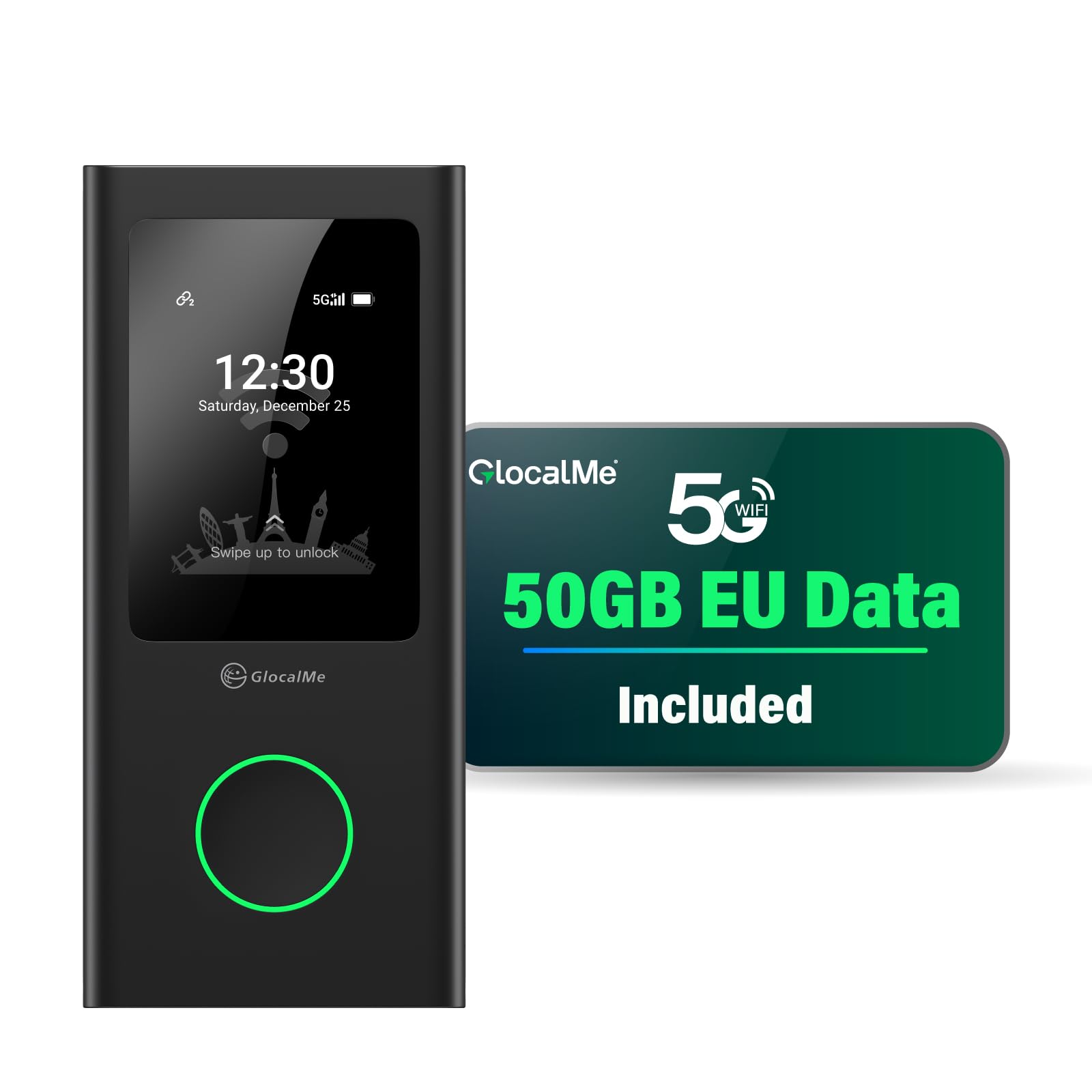 GlocalMe Numen Air - Router Wi-Fi mobile 5G, non necessita di scheda SIM, hotspot 5G LTE con pacchetto dati europei da 50 GB, supporta 16 dispositivi contemporaneamente, batteria da 5400 mAh, hotspot