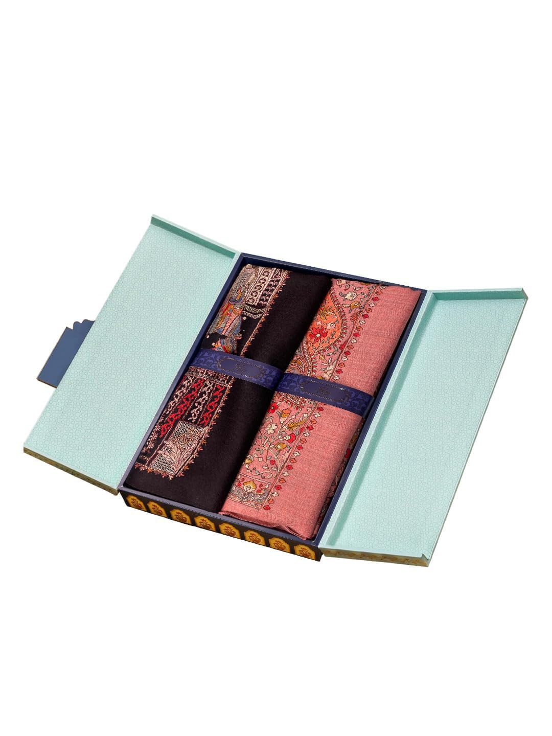 His and Her Gift Set of 100% Pure Wool Sozni Embroidered Shawls With Wooden Gift Box-image-40
