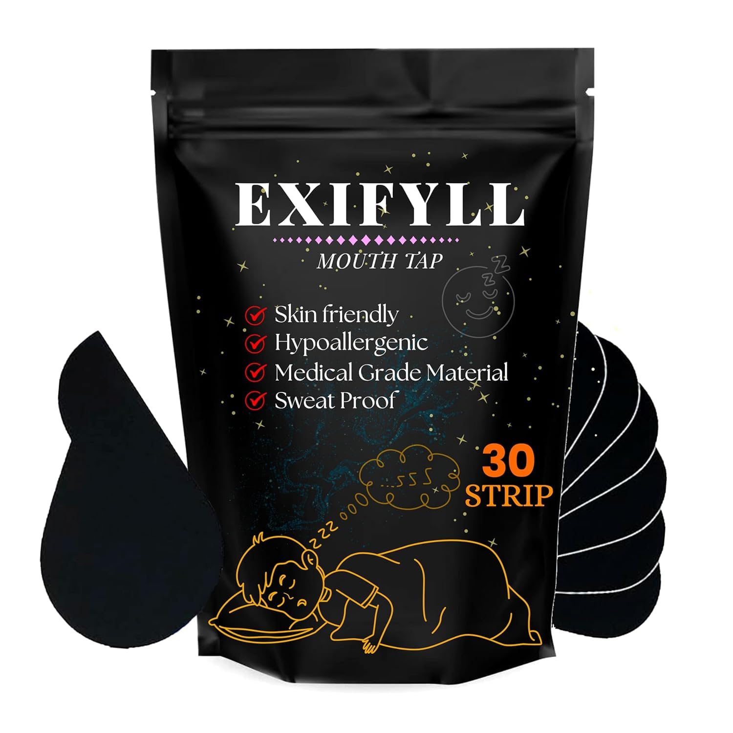 EXIFYLL 30-Conut for Sleep Anti-Snore Mouth Tape Mute Snoring Tape for Mouth Breathing Sleep Mouth Tape Improves Breathing Abnormalities Safe Adhesive Pre-cut Anti-Snore Mouth Tape for Kids Adults (Black) A1