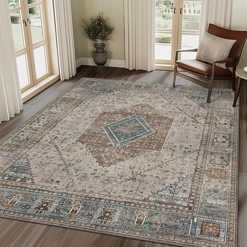 GENIMO 8x10 Area Rug for Living Room, Non Slip Machine Washable Low Pile Large Rug, Indoor Vintage Lightweight for Bedroom, Dining Room & Home Office, Blue Gray