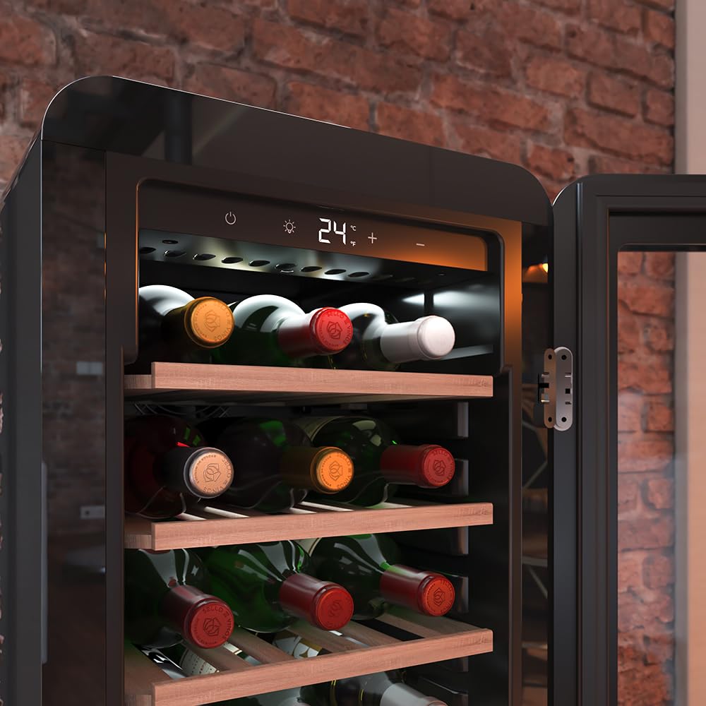 Cecotec Cantinetta 24 Bottiglie Retrò Bolero Grandsommelier Origin 24 Hit Green. Finitura Verde Controllo Led, Temp. 5-20ºC, NoFrost, Ripiani In Legno, Luce Interna, Ventilazione