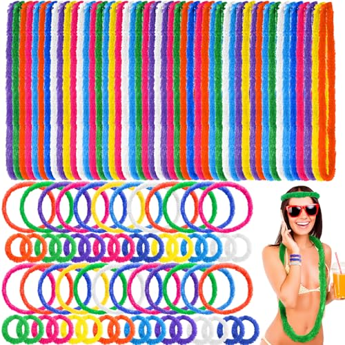 Giegxin 140 Pcs Hawaiian Leis Bulk Tropical Luau Party Supplies, 80 Hawaiian Plastic Leis Necklace 20 Headbands 20 Pairs Wristbands for Adults Summer Beach Pool Birthday Party Favors, 8 Colors