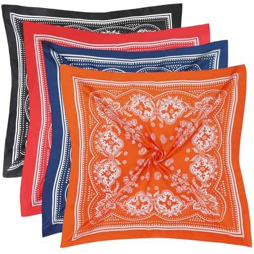 Image of Fishinsea 4 Pcs 27.5'' x 27.5'' Satin Silk Head Scarf Hair Scarves Large Bandanas Neck Scarf for Women Girls
