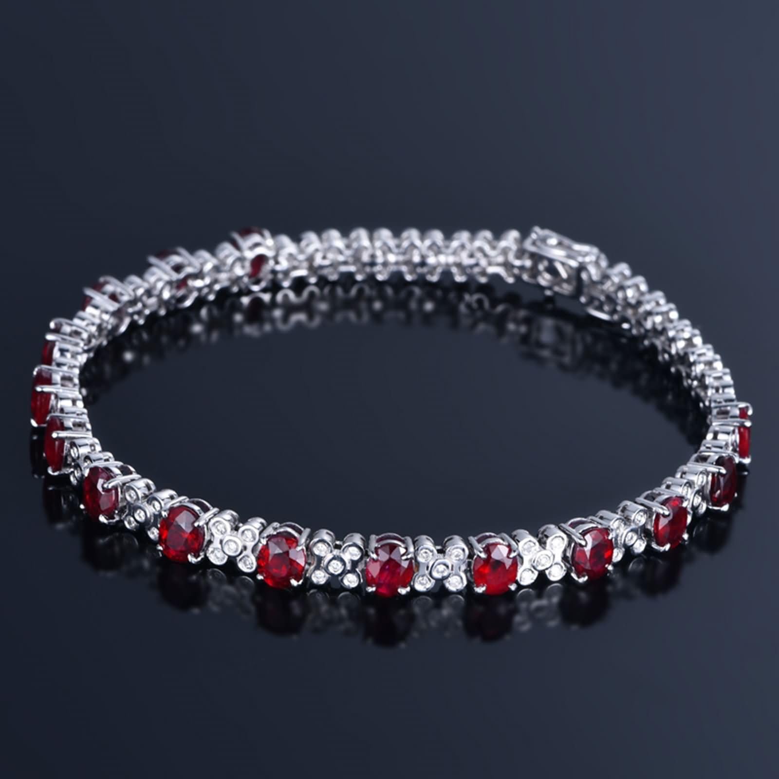Pulsera de Oro Blanco Mujer 9 K / 14 K / 18 K, Flor y Oval con Rubí Creado de 6 ct y Diamante, Cadena 16 CM, Pulsera Mujer de Plata Rojo