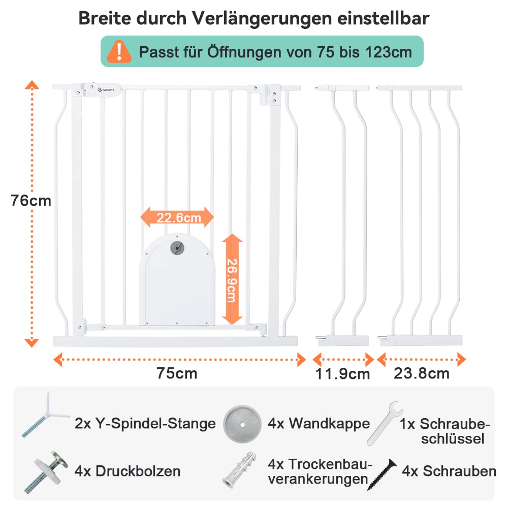COMOMY Treppenschutzgitter Ohne Bohren 75-123cm Automatisch Schließendes Hundegitter mit Katzentür Stabile Baby Schutzgitter Weiß