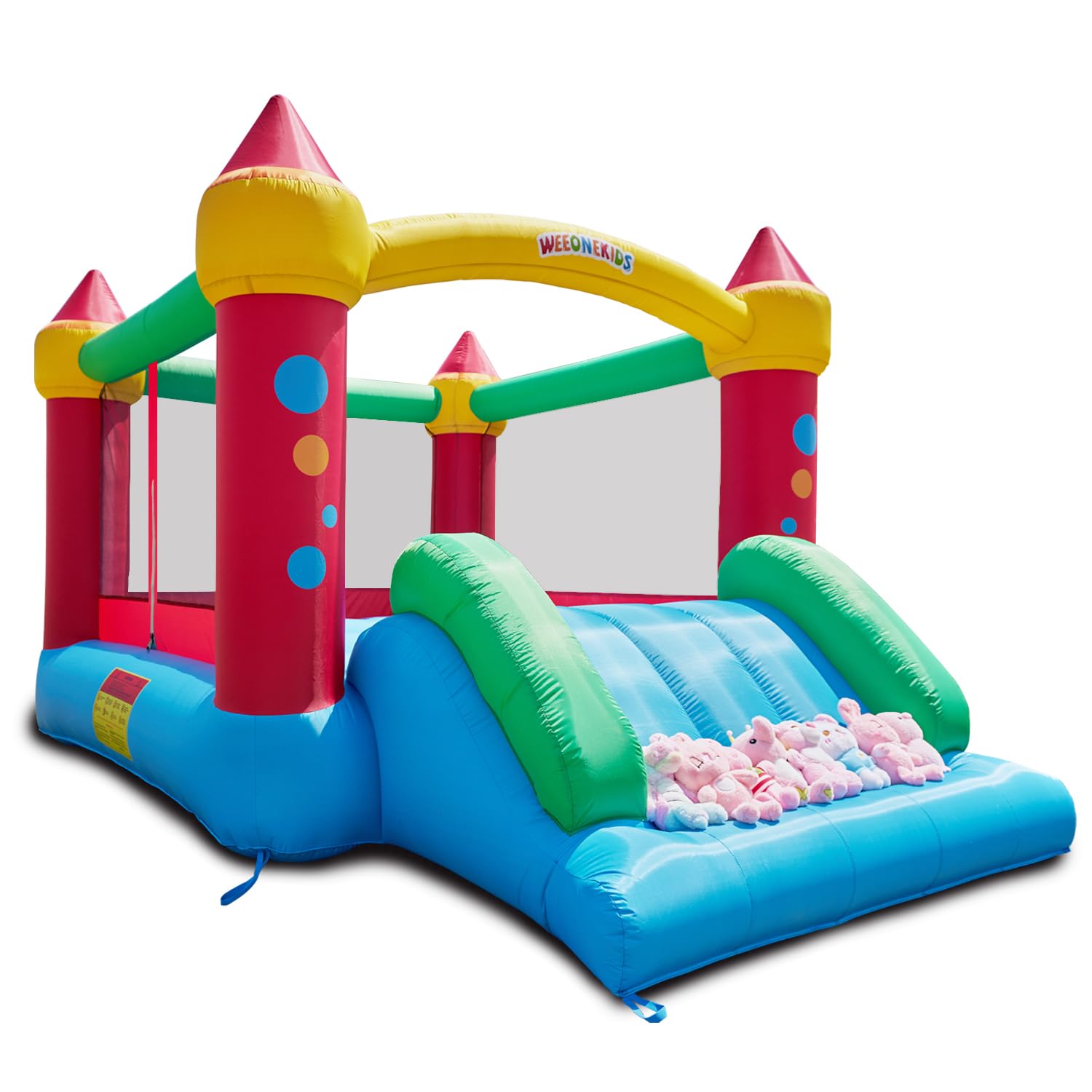 WeeOneKids Air Bounce House, 공기 송풍기 및 슬라이드가 있는 공기 주입식 바운서, 매우 두꺼운 소재의 점프 가족 뒷마당 탄력 성 (레드 옐로우 & 블루)