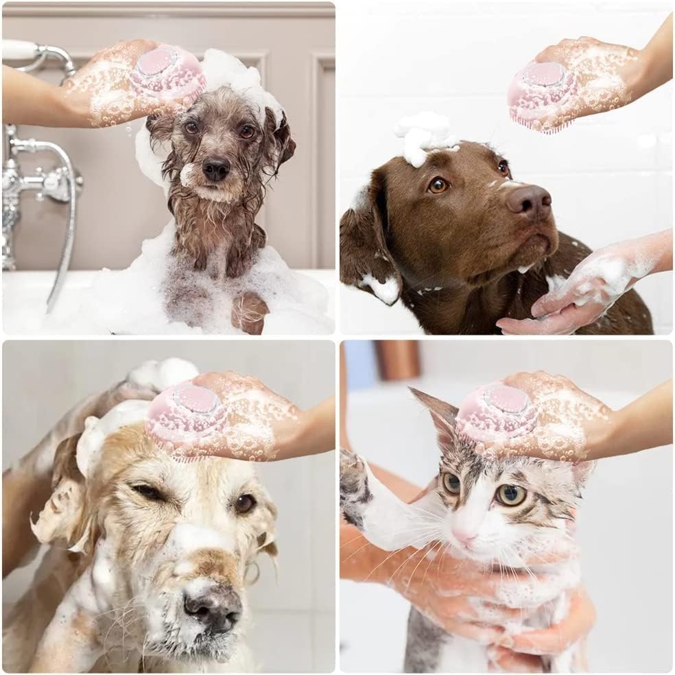 Washing Brush for Dog Cat Pet Shampoo Dispenser Scrubber with Soft Bristles Dog Bath Grooming for Short and Long Hair Suitable for Deshedding (Pink) - Image 3