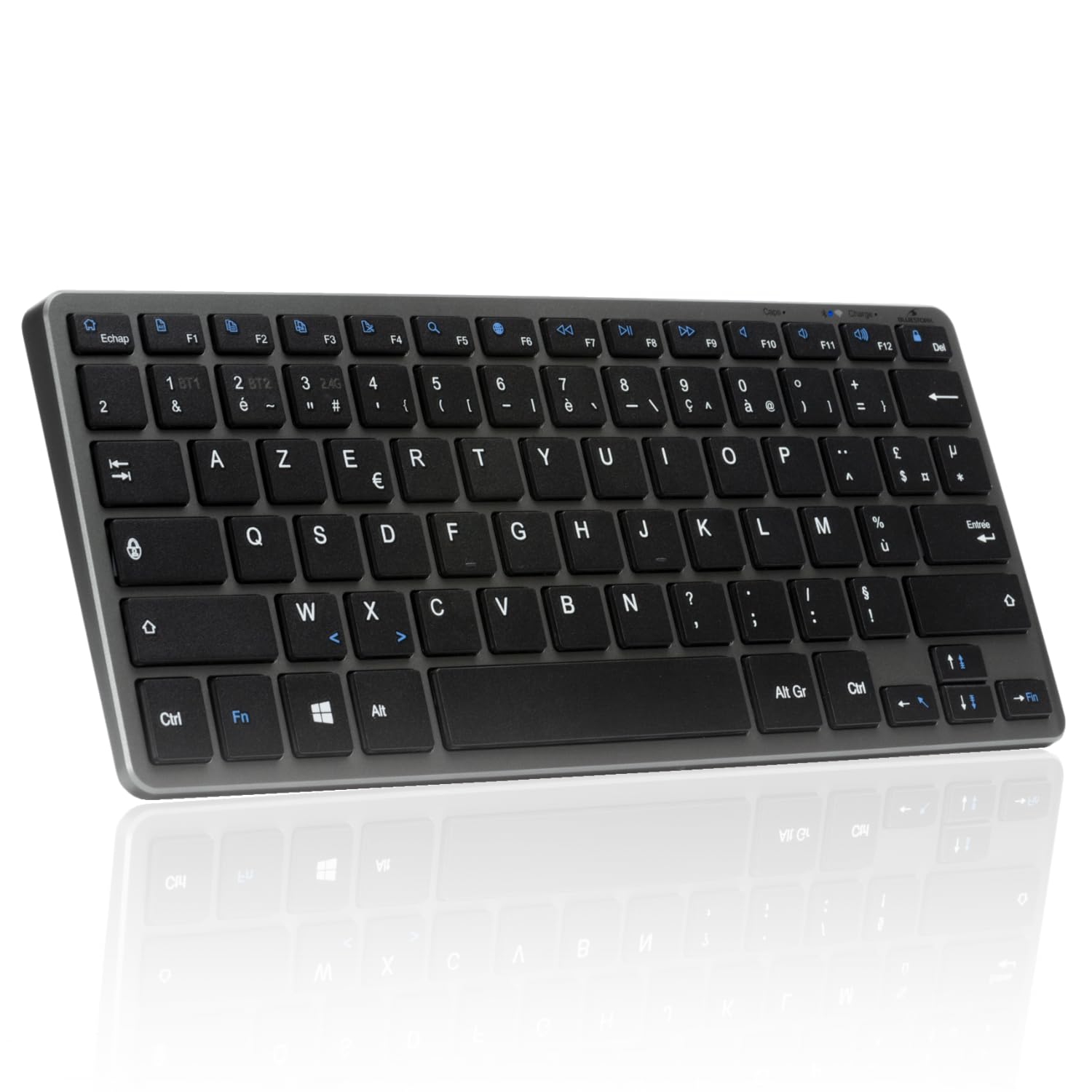 Bluestork Kabellose Bluetooth Tastatur, Mini Tastatur Azerty, Französische Tastatur, leichte Leise, Tastatur 90 Stunden Akkulaufzeit, wiederaufladbar USB C, 14 Multimedia Shortcuts Weiß Schwarz
