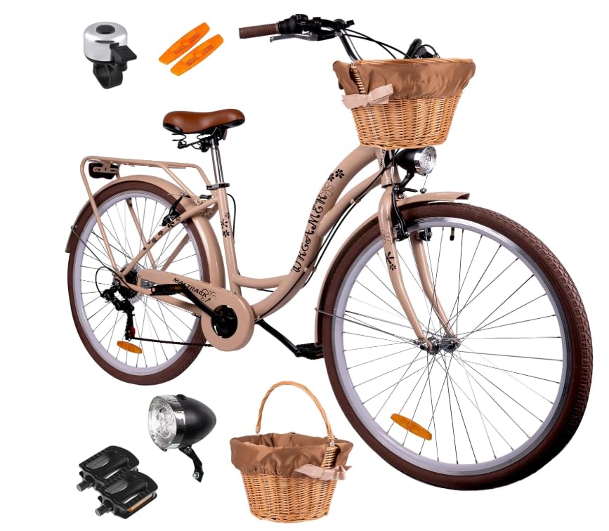 BDW Damen Cityrad 28 Zoll, 18'' Stahlrahmen, 6 Gänge mit Weidenkorb, V-Brake Bremsen, 120 kg Belastbarkeit (Beige)