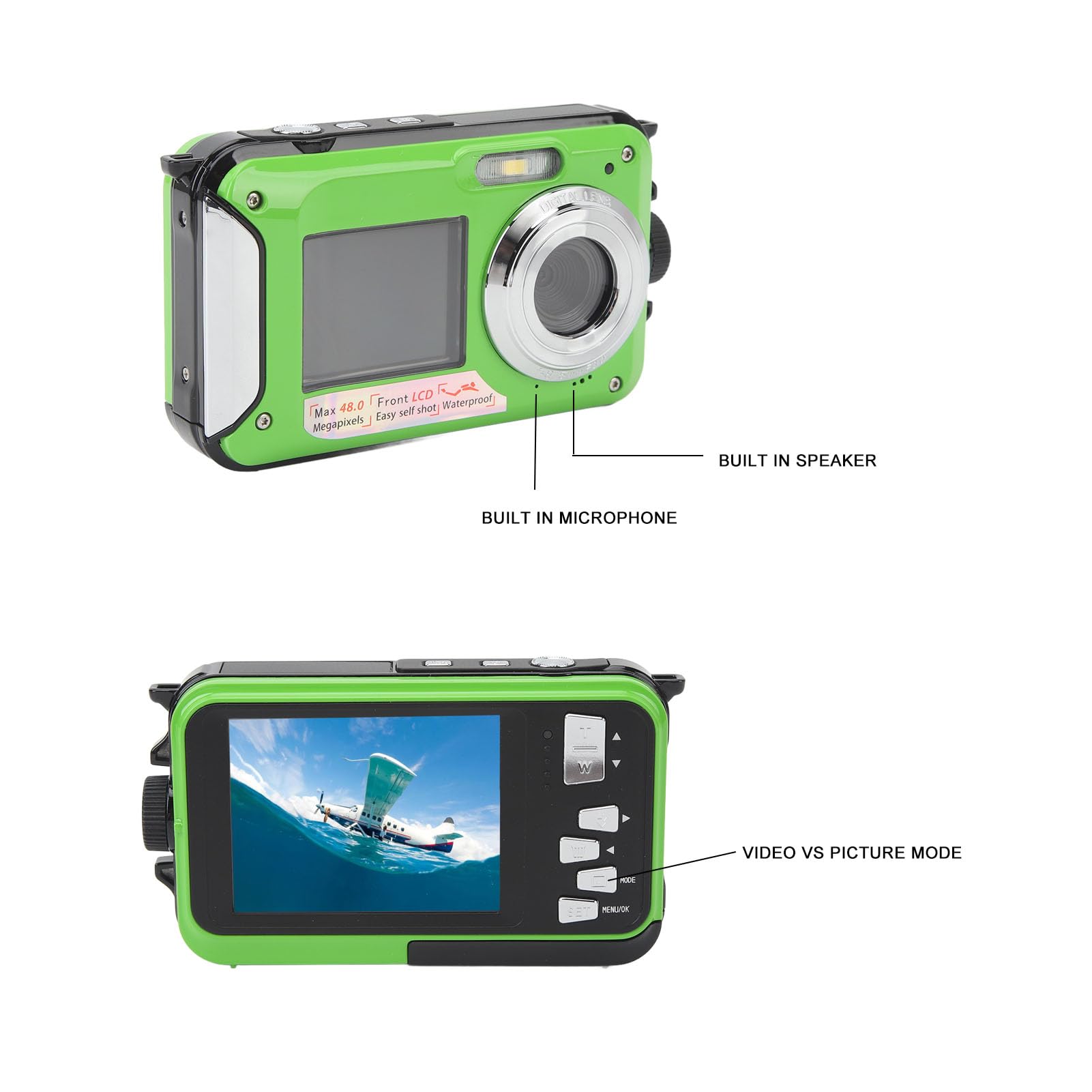 Appareil Photo Numérique Étanche Jectse, HD 48MP 2,7K 16X Zoom Numérique 10 Pieds Caméra Sous-Marine avec Selfie HD Double Écran, Appareil Photo Portable Vert USB Étanche