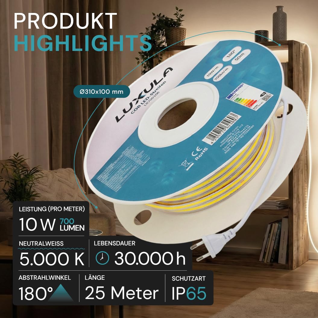 LUXULA COB LED Streifen 25 m 5000K Neutralweiß - mit Stecker, LED Streifen ohne Punkte, selbstklebend, 220V IP65, 288 LED/m, 700 lm/m, 10 W/m, kürzbar 50 cm, erweiterbar bis 70 m, Innen und Außen