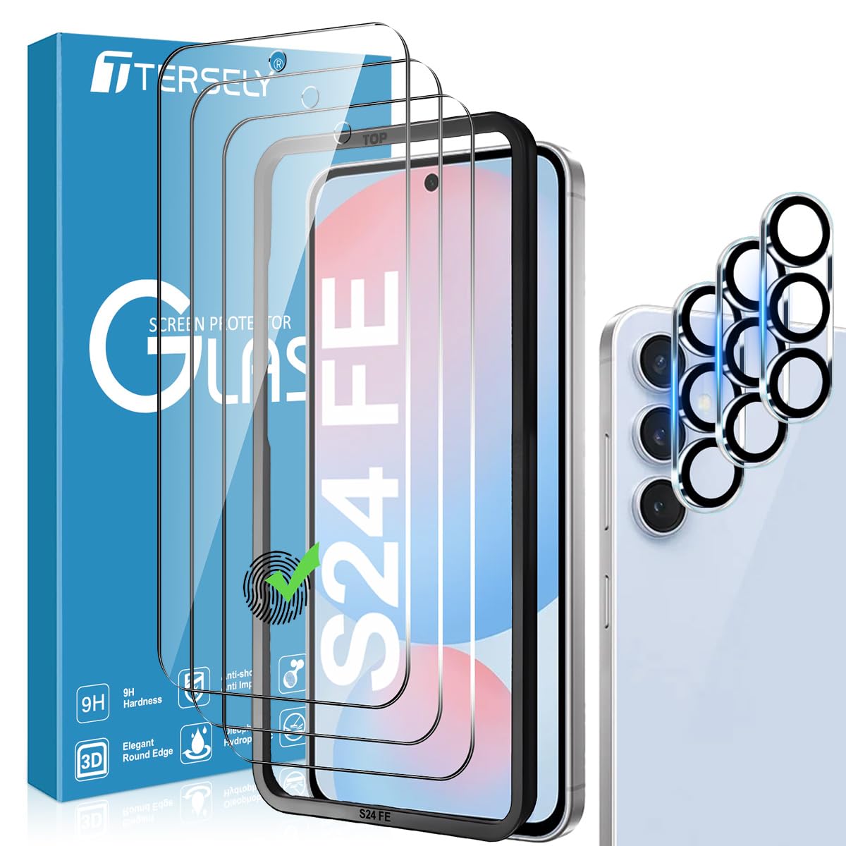 T Tersely [3+3 Pack] 9H Tempered Glass Screen Protector for Samsung Galaxy S24 FE 5G, with Installation Alignment Frame Support Fingerprint Unlock Anti-Scratch Film Screen Protector