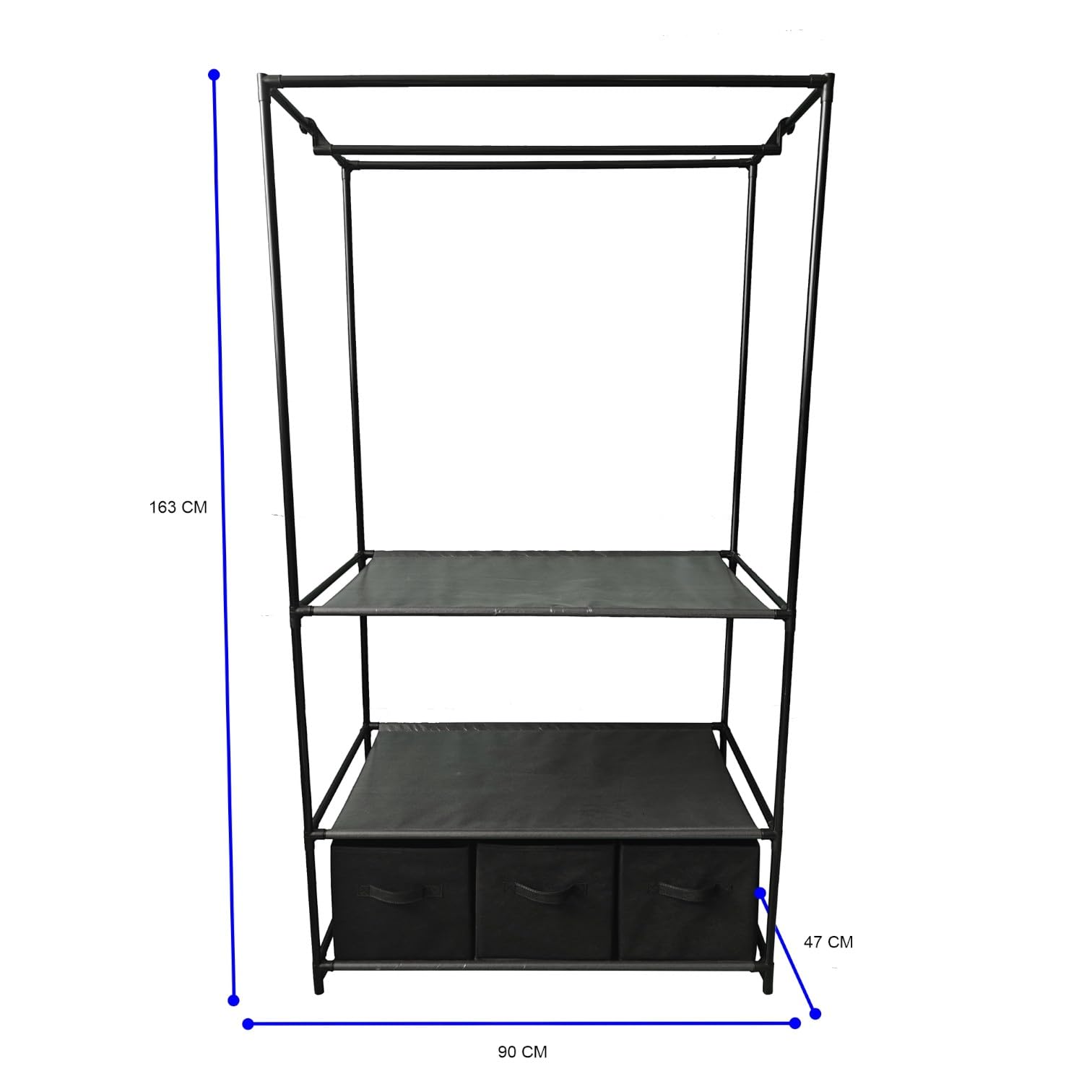 Armoire de Rangement Penderie Tissu Armoire Chambre Portable pour Chambre D'adulte - Barre de Suspension, étagère pour Sacs, Jouets, Chaussures, Salon - Noir/Gris (Noir, 90x47x163cm)