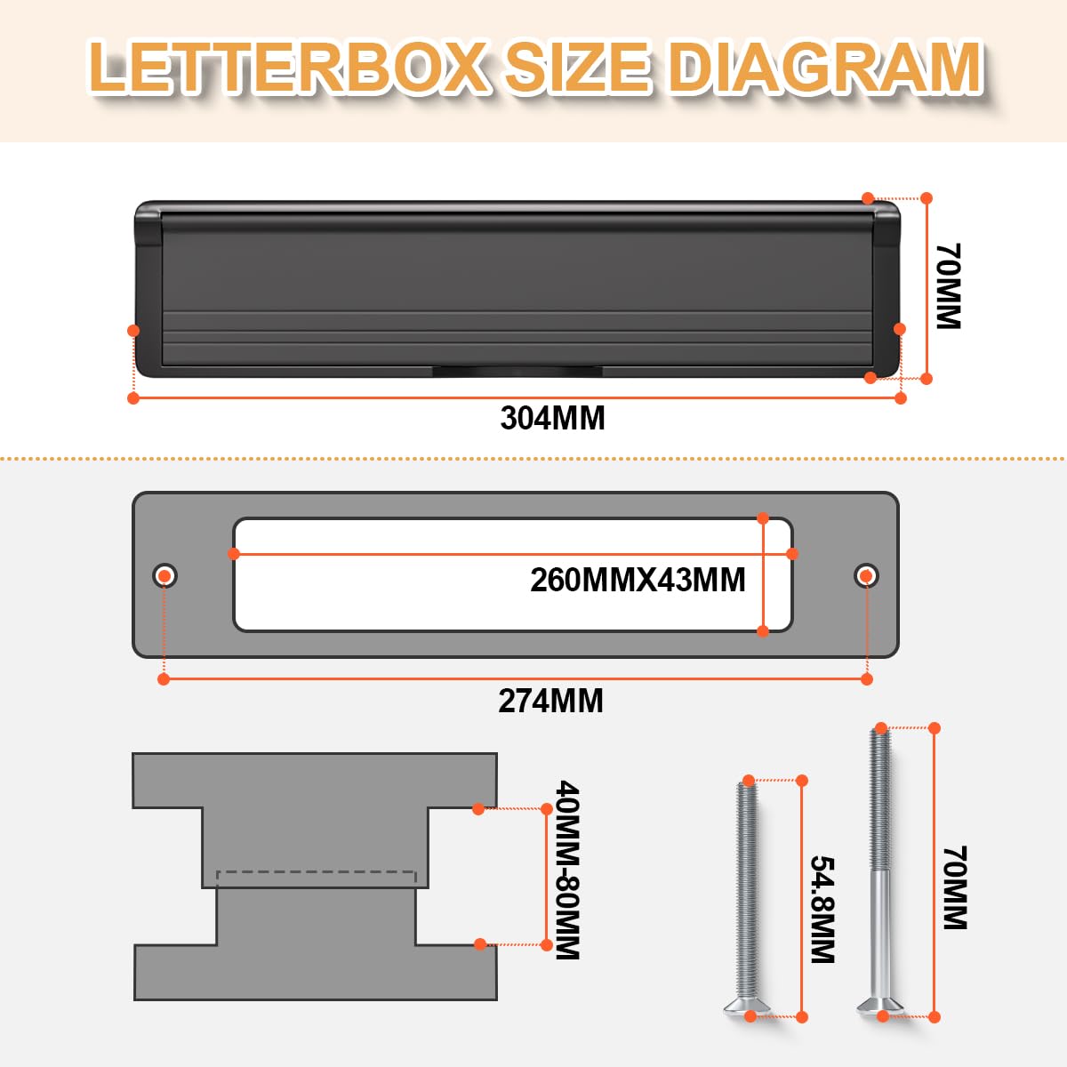 Bwintech 1 Set 305 * 70MM (12") Black Aluminium Adjustable Depth Door Letterbox,Fit for 40-80mm Thickness Wooden,UPVC,Composite,Internal and External Doors - Image 2