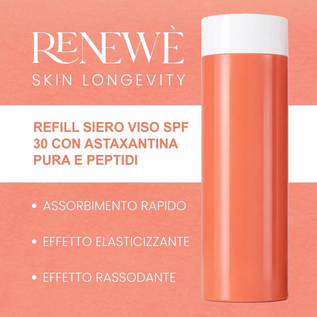 REFILL Renewè MY.SERUM, Siero Viso Astaxantina Pura SPF 30 Antiage Antiossidante - Protegge, Idrata e Rimpolpa - Con peptidi Vitamina C ed E - 30 ml