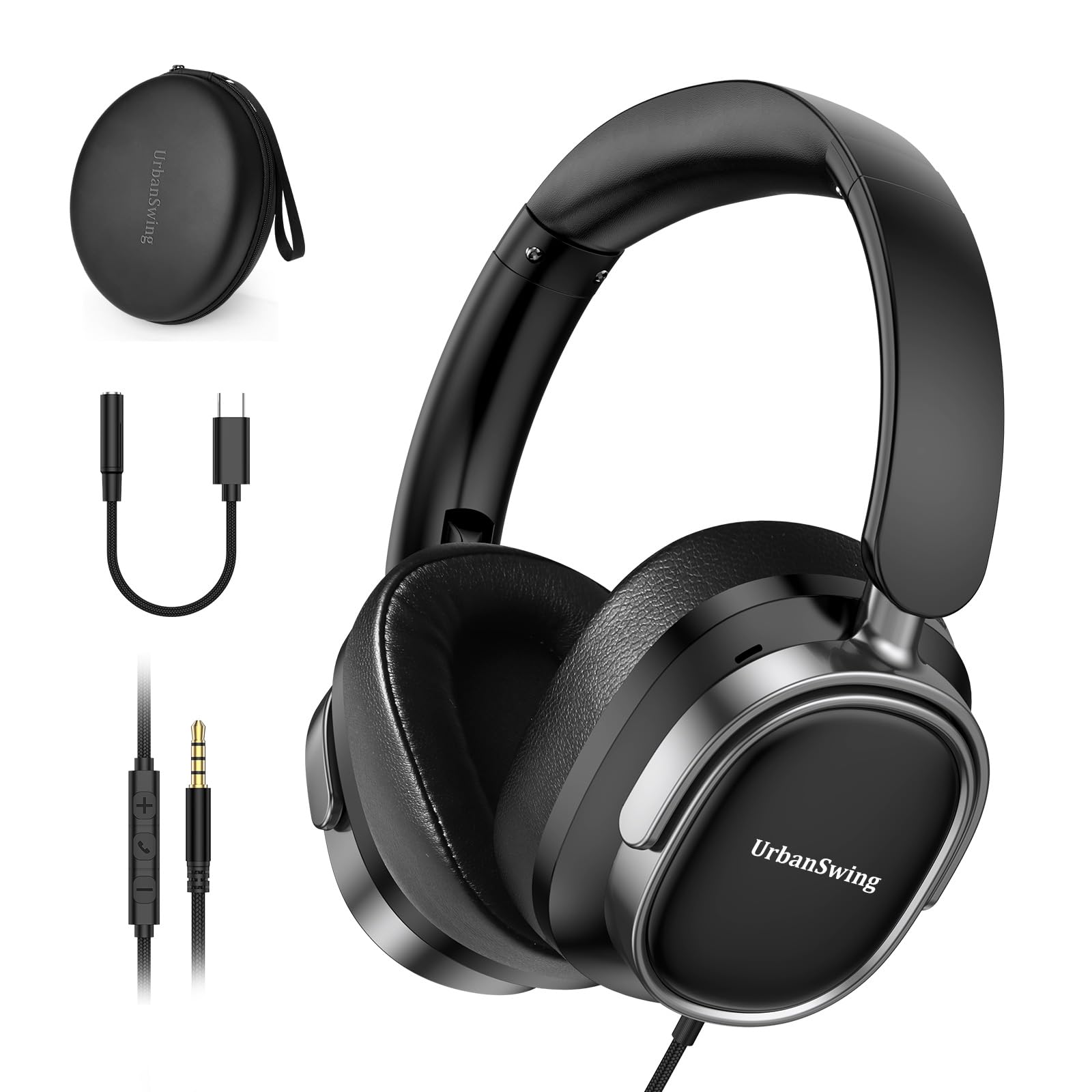 URBAN SWING W70 Wired Headphones for iPhone 17 16 15, Samsung S25 S24 S23, 3.5mm Jack & USB C Adapter for iPad, Laptop, PC, 4.9ft Long Wire, Volume