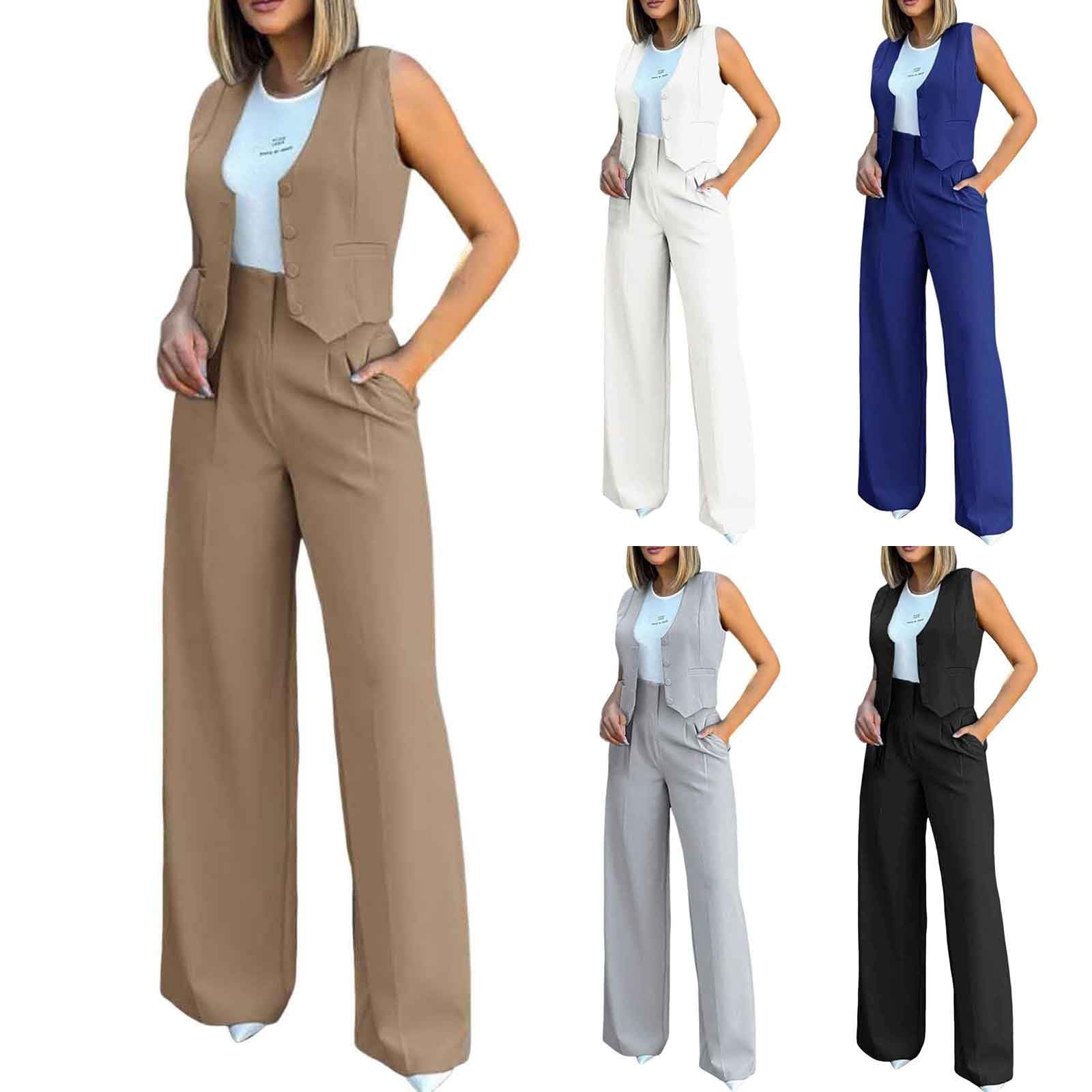 Tailleur Femme 2 Pièces sans Manches Formel Bureau Travail Pantalon Costumes Manteau Ensemble Couleur Unie Slim Fit Gilet à Boutons Chic et Elegant Veste Manteau Pantalon Ensemble