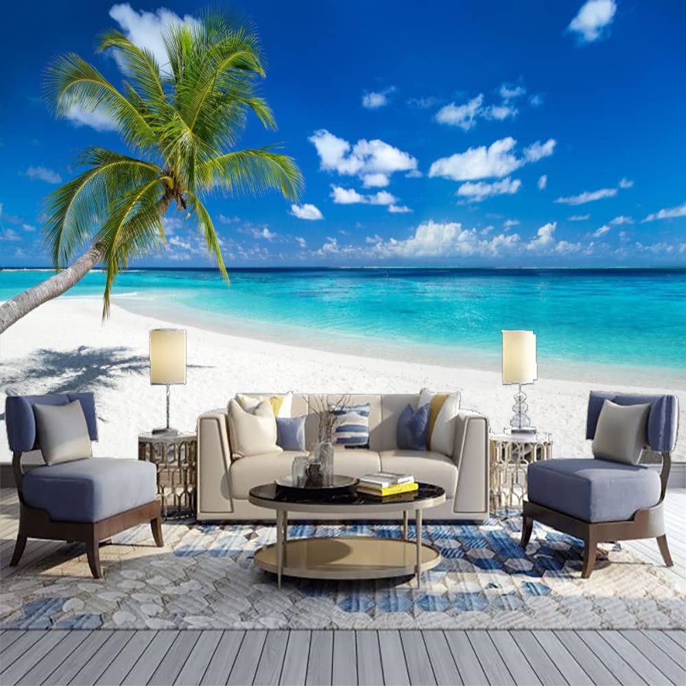 Papier Peint Panoramique de Vacances Vacances D'été Palmiers, Plage Exotique Tropicale Ensoleillée Poster Murale Intissé - pour Chambre Salon Décoration Murale - 300 x 210 cm