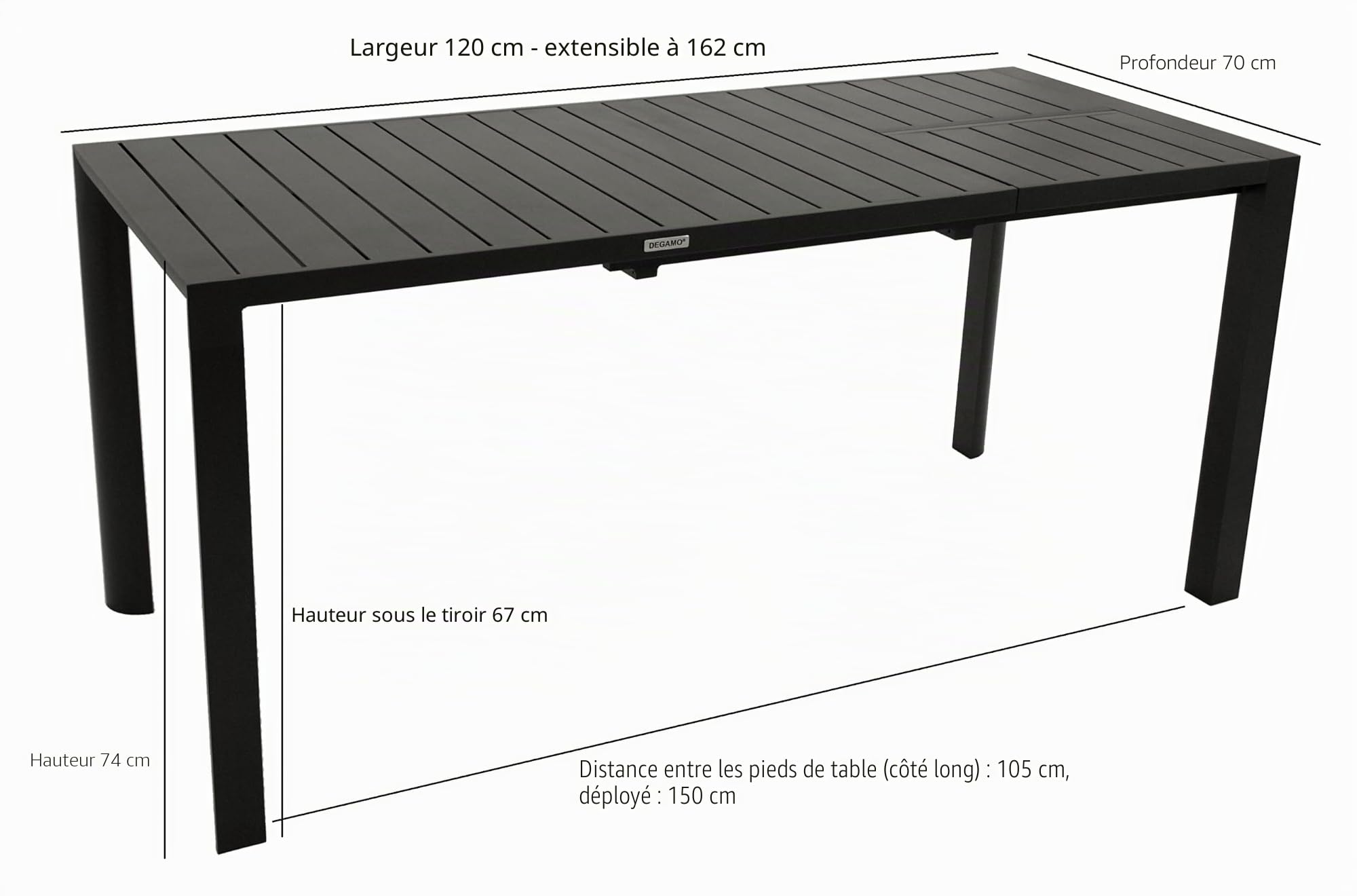 DEGAMO Table de jardin extensible Lagos 120/162 x 70 cm, en aluminium anthracite, pour l'extérieur résistant aux intempéries